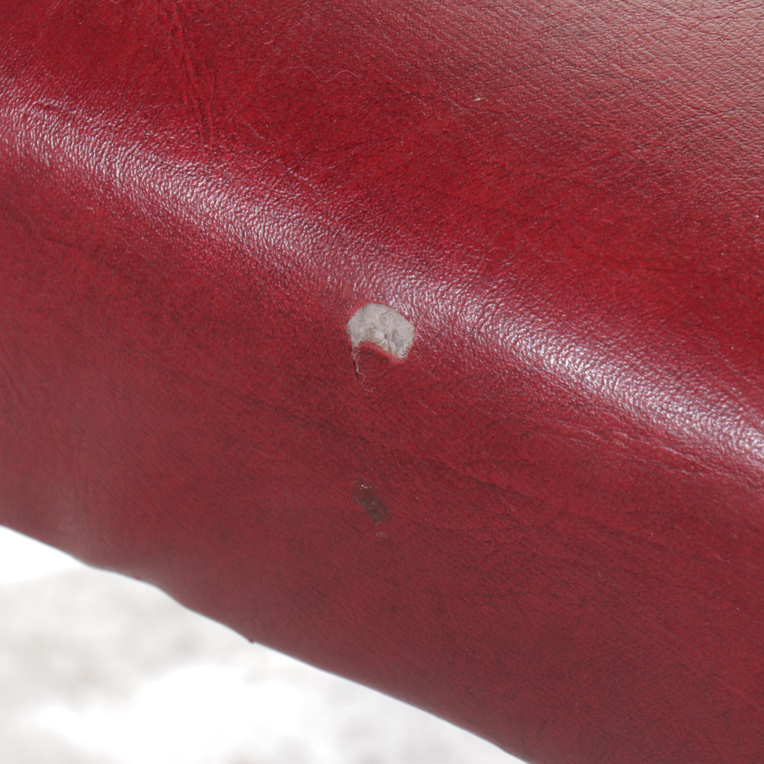 Set of Six Gothic Revival Style Oak and Red Vinyl Dining Chairs