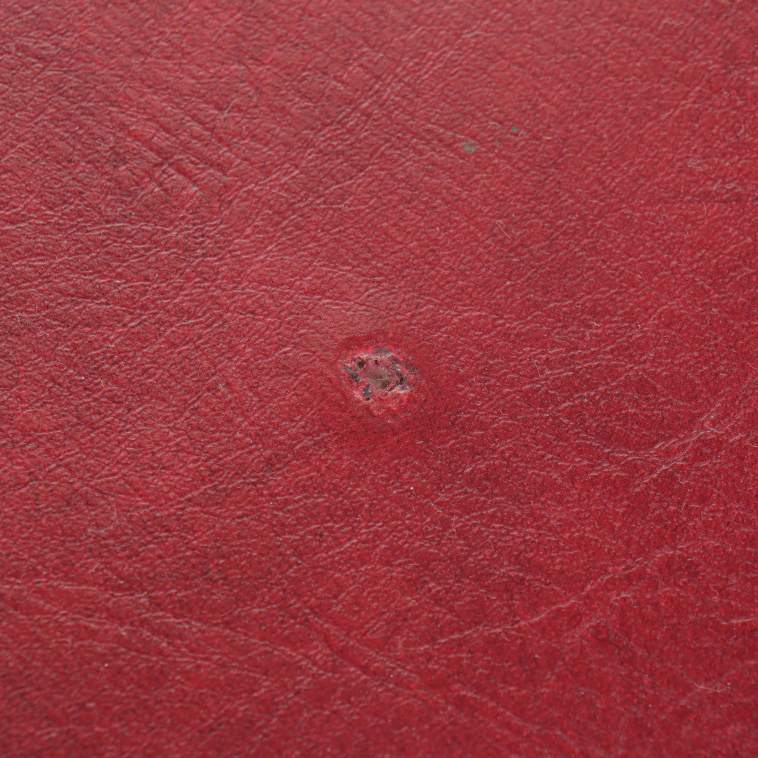 Set of Six Gothic Revival Style Oak and Red Vinyl Dining Chairs