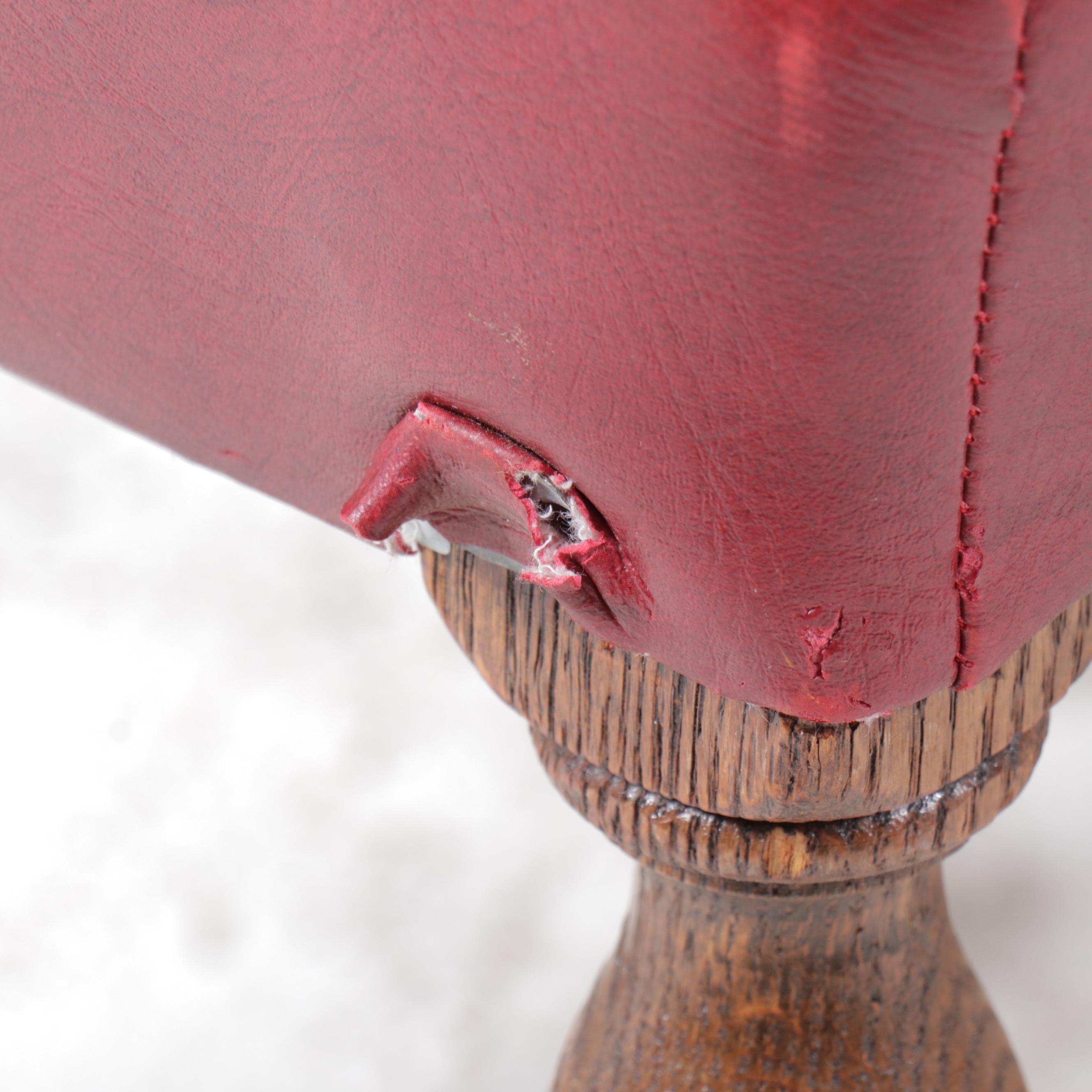 Set of Six Gothic Revival Style Oak and Red Vinyl Dining Chairs
