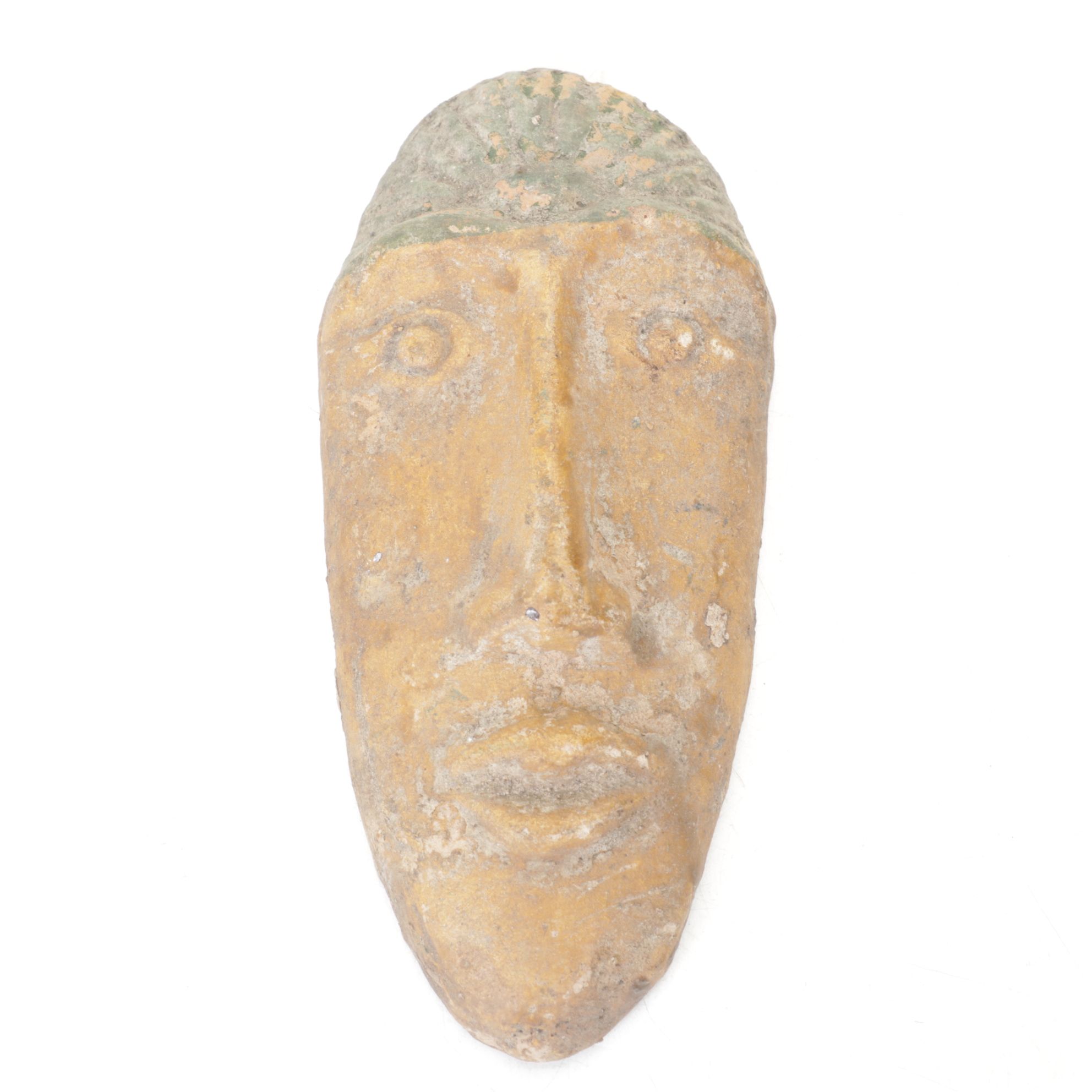 Two Cast Concrete Painted Tribalist Faces