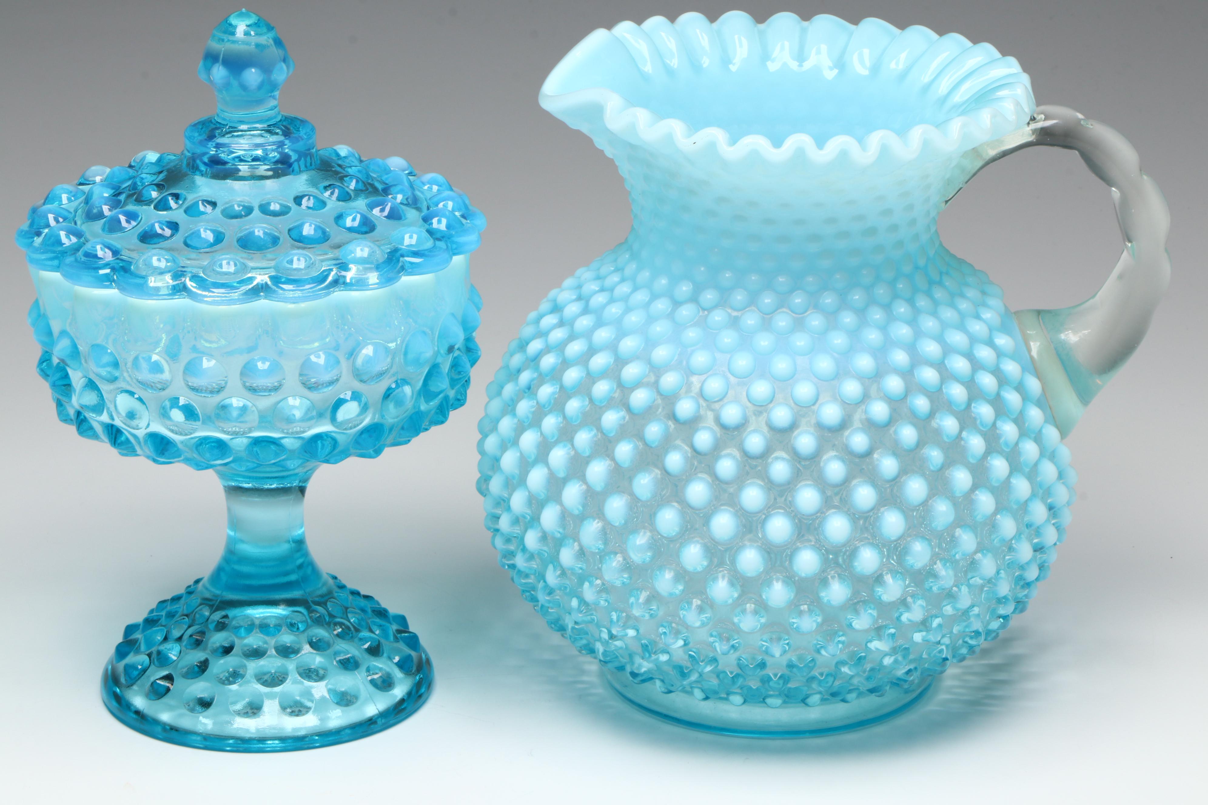 Fenton Hobnail Opalescent Blue Pitchers with Lidded Candy Dish and Cruet