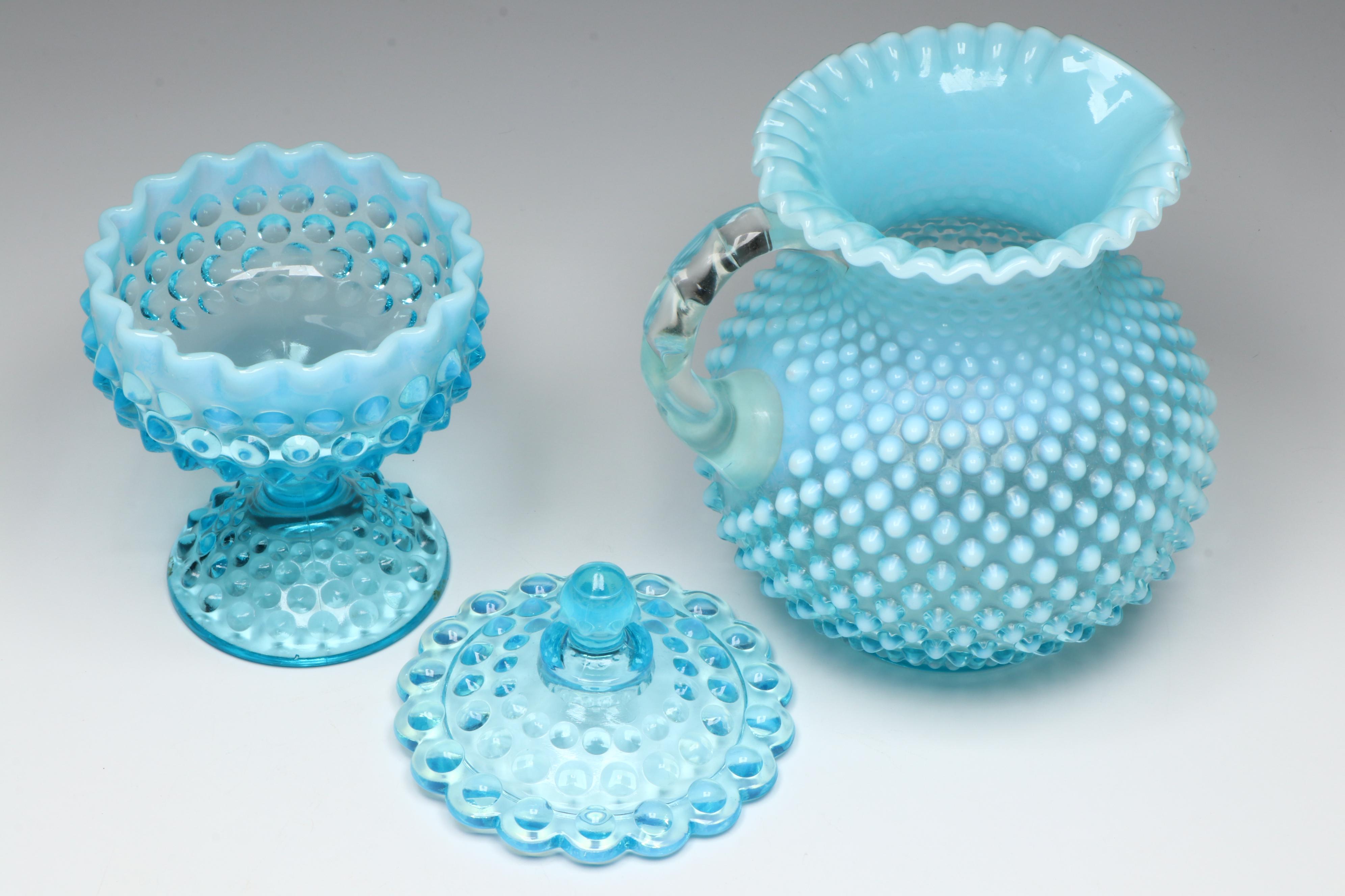 Fenton Hobnail Opalescent Blue Pitchers with Lidded Candy Dish and Cruet