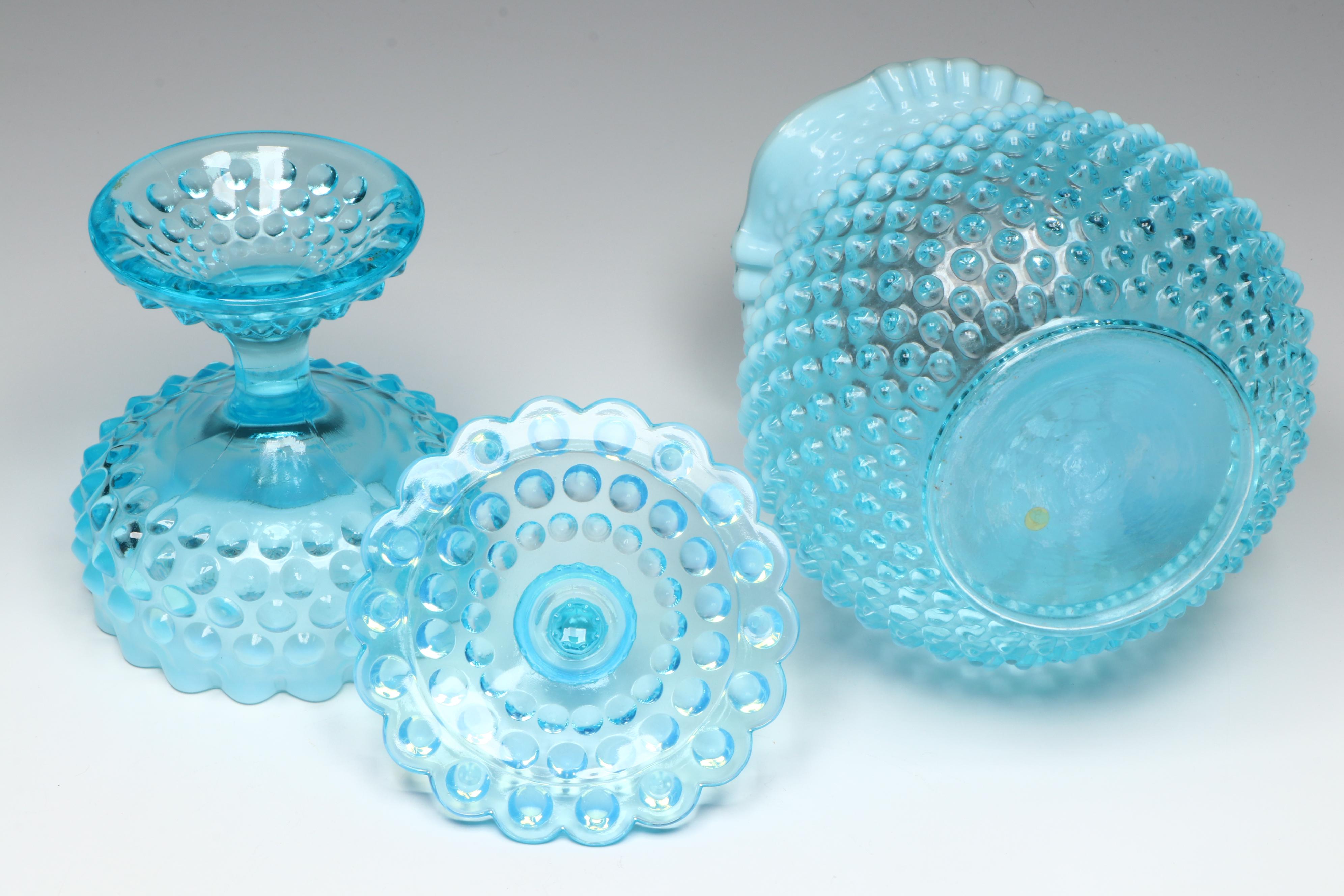 Fenton Hobnail Opalescent Blue Pitchers with Lidded Candy Dish and Cruet