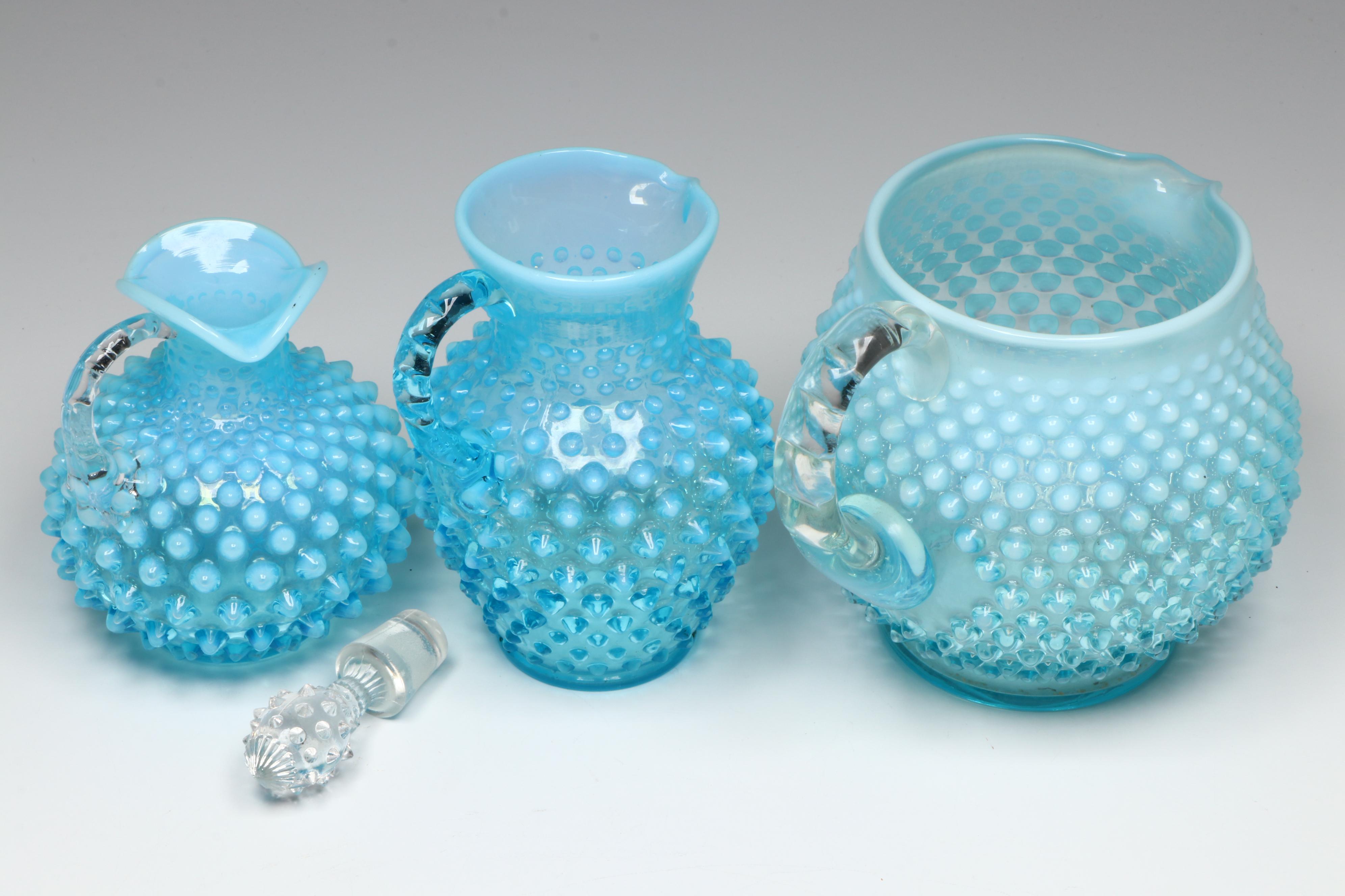 Fenton Hobnail Opalescent Blue Pitchers with Lidded Candy Dish and Cruet