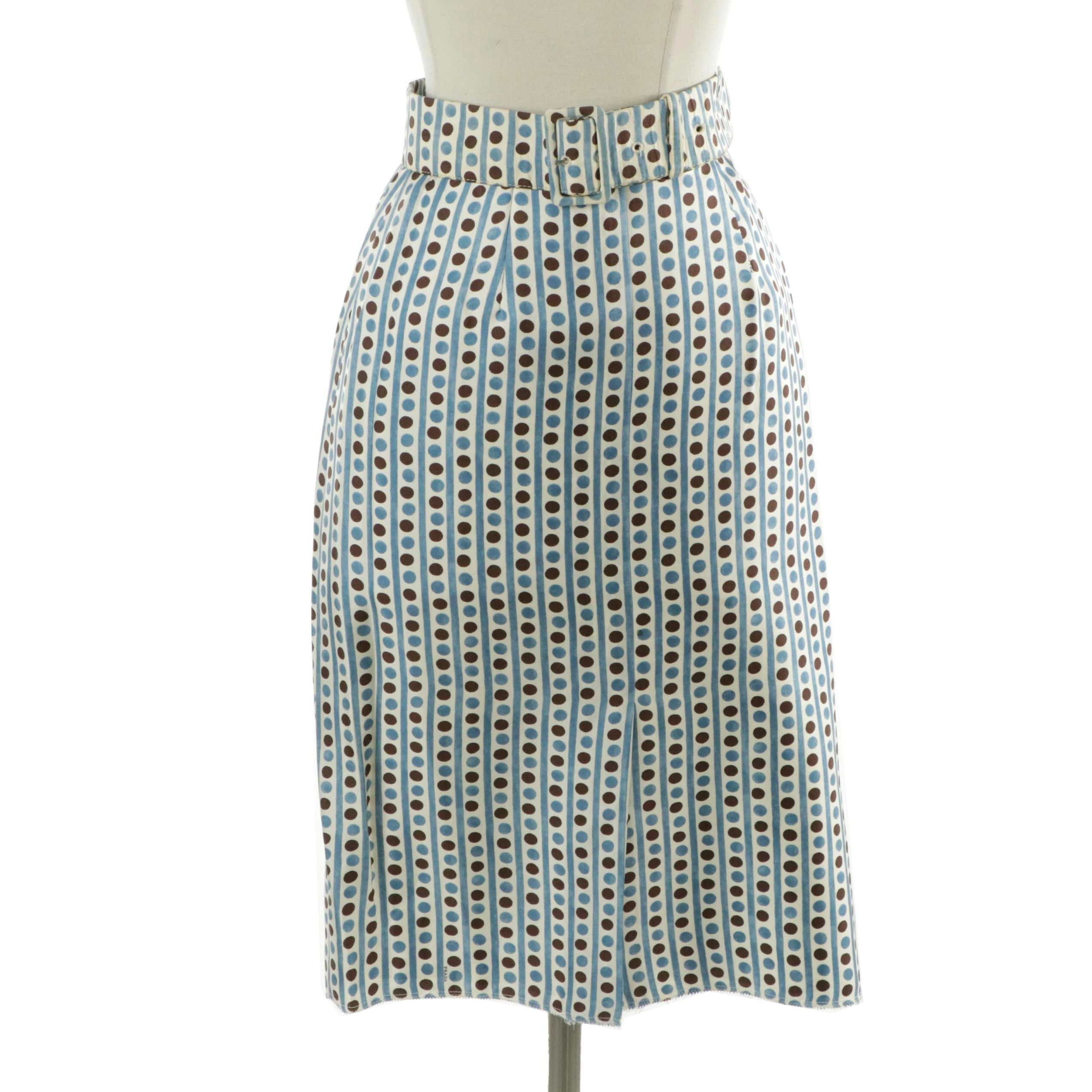 Prada Striped & Polka Dot Print Pleated Silk Skirt with Belt