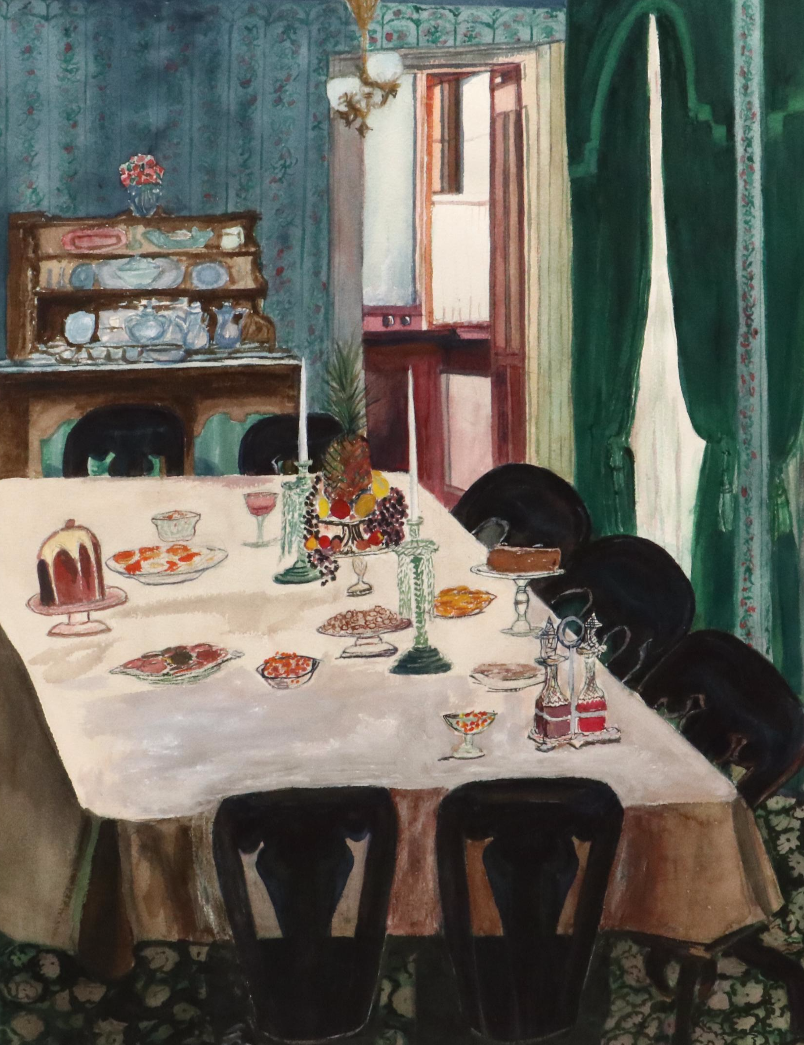 Watercolor Painting of Dining Room Interior, Late 20th Century