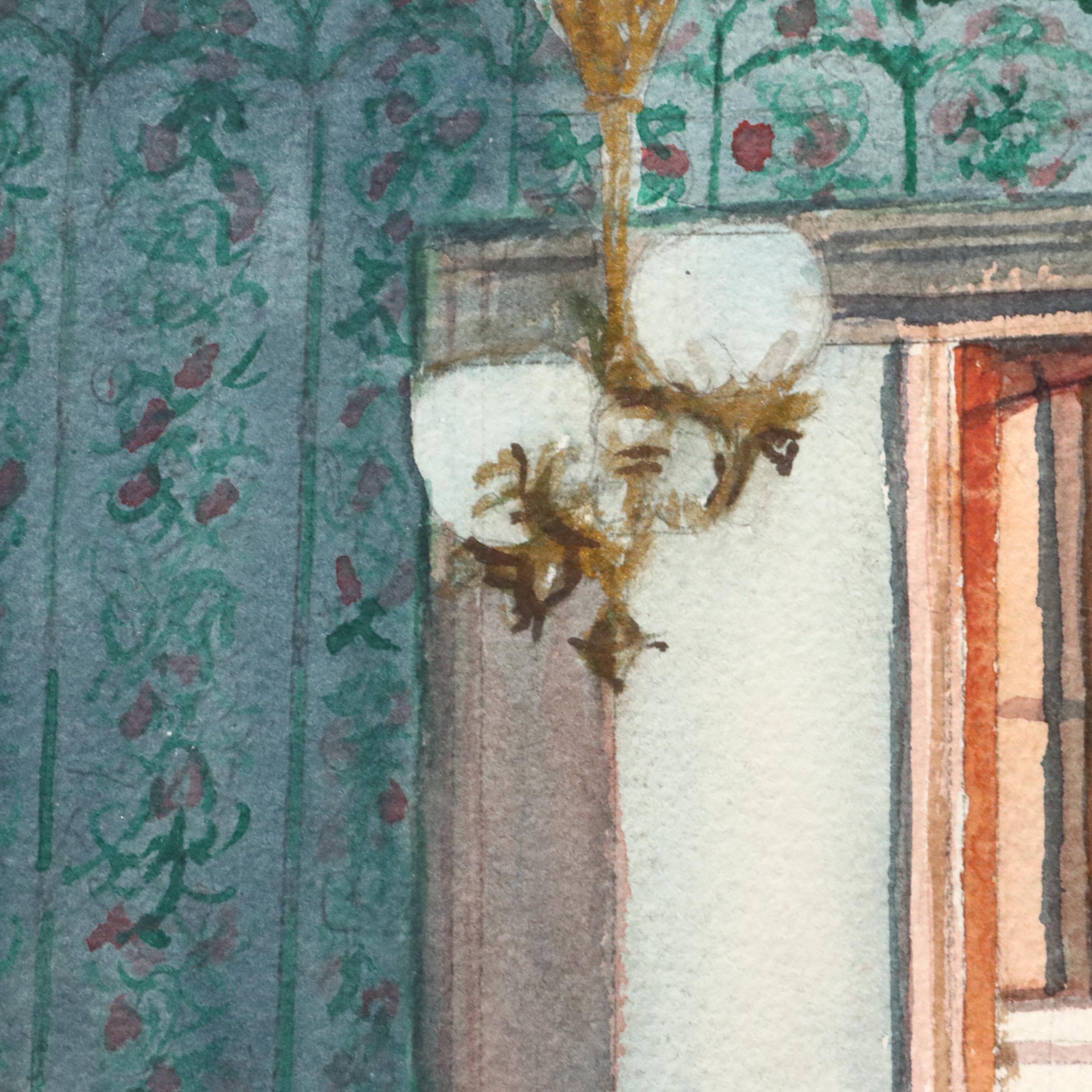 Watercolor Painting of Dining Room Interior, Late 20th Century