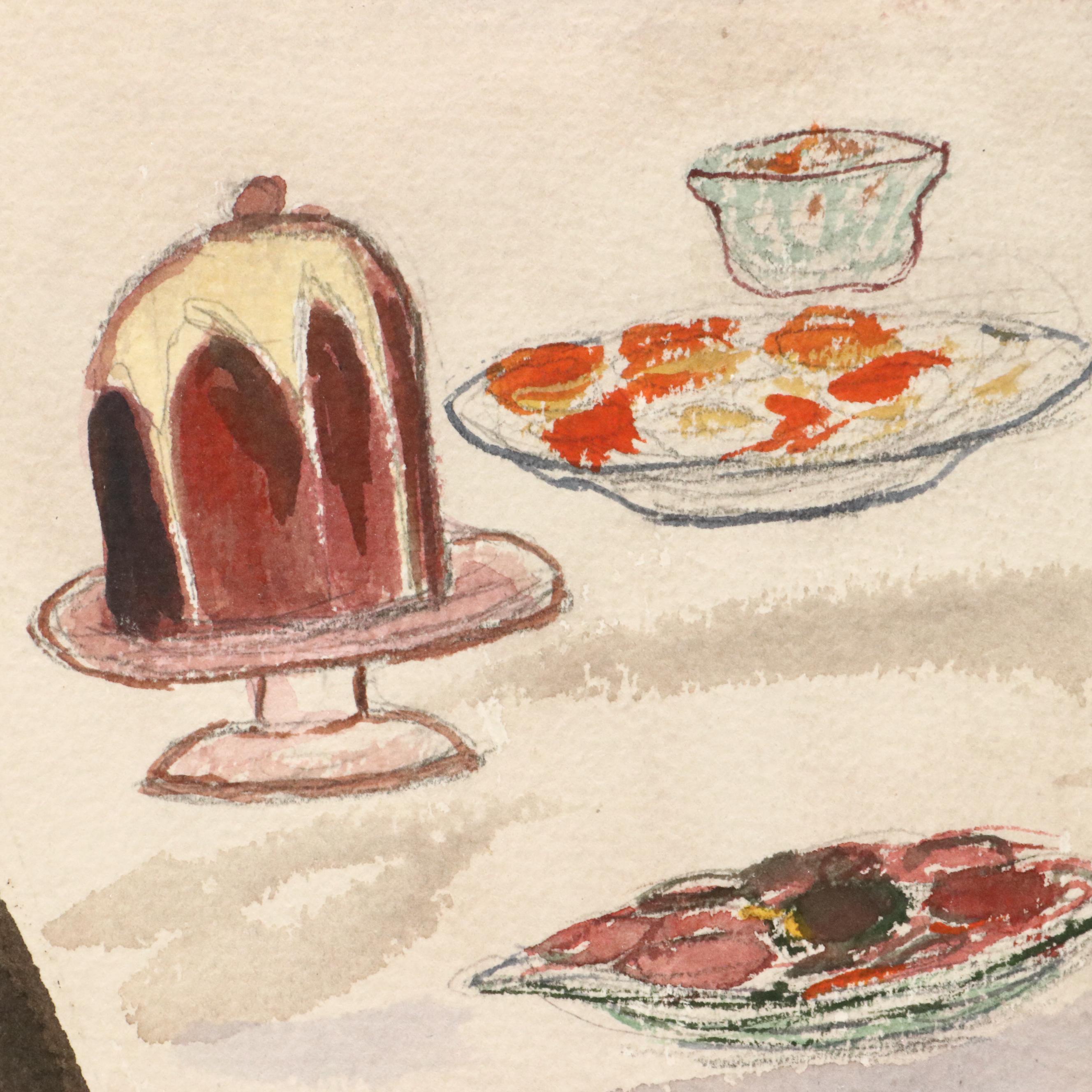 Watercolor Painting of Dining Room Interior, Late 20th Century