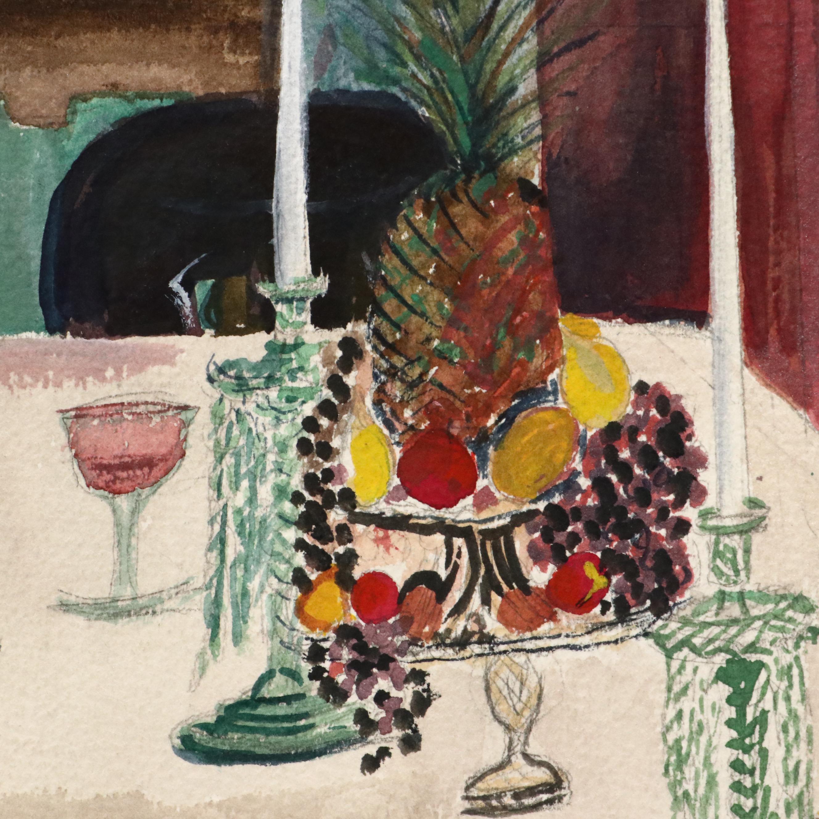 Watercolor Painting of Dining Room Interior, Late 20th Century