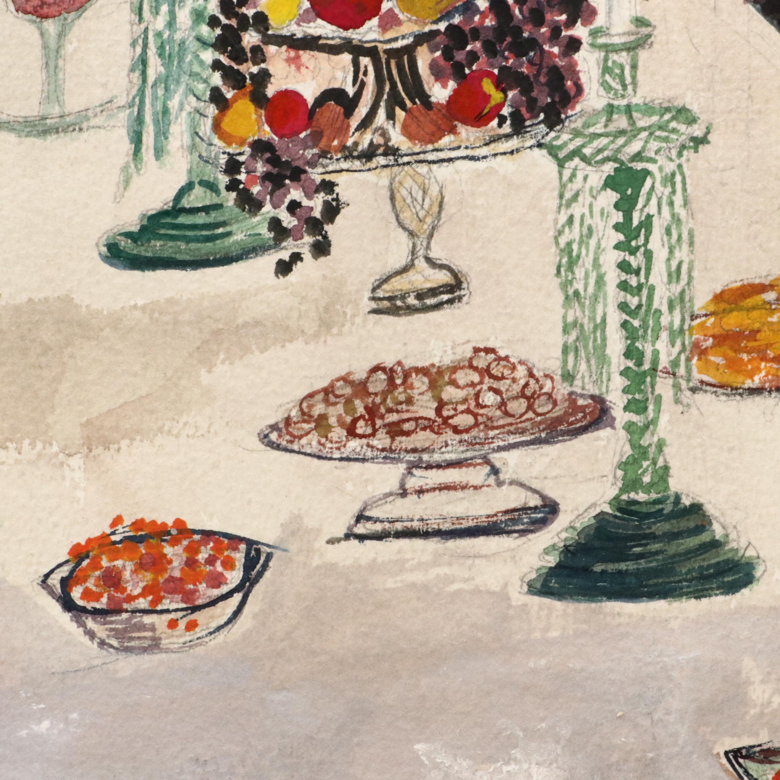 Watercolor Painting of Dining Room Interior, Late 20th Century