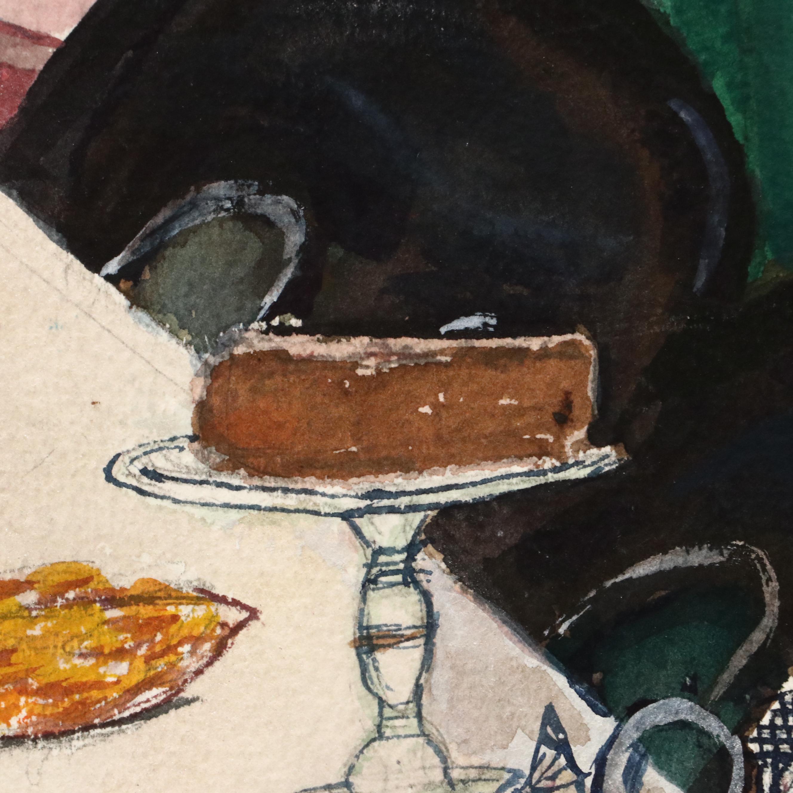 Watercolor Painting of Dining Room Interior, Late 20th Century