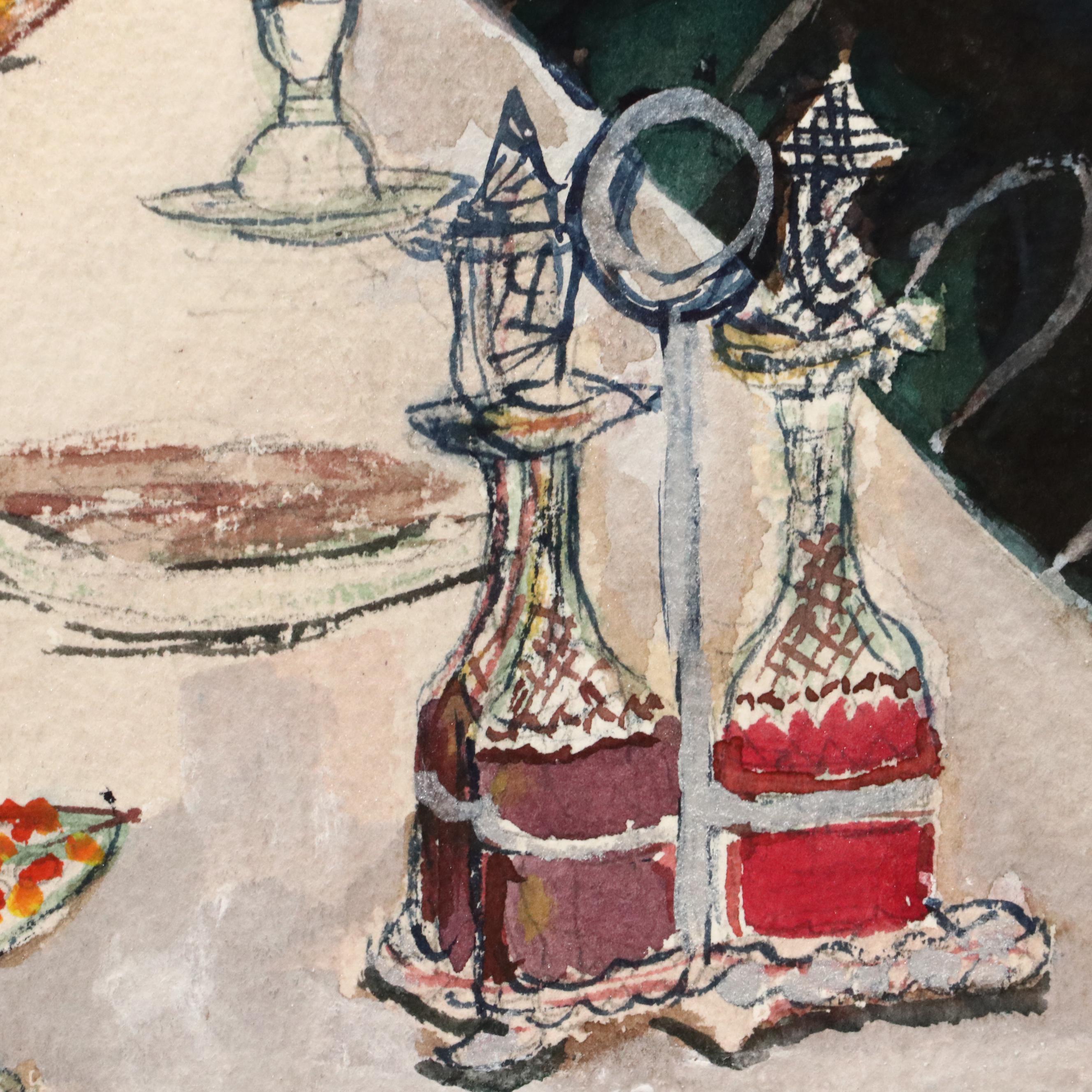 Watercolor Painting of Dining Room Interior, Late 20th Century