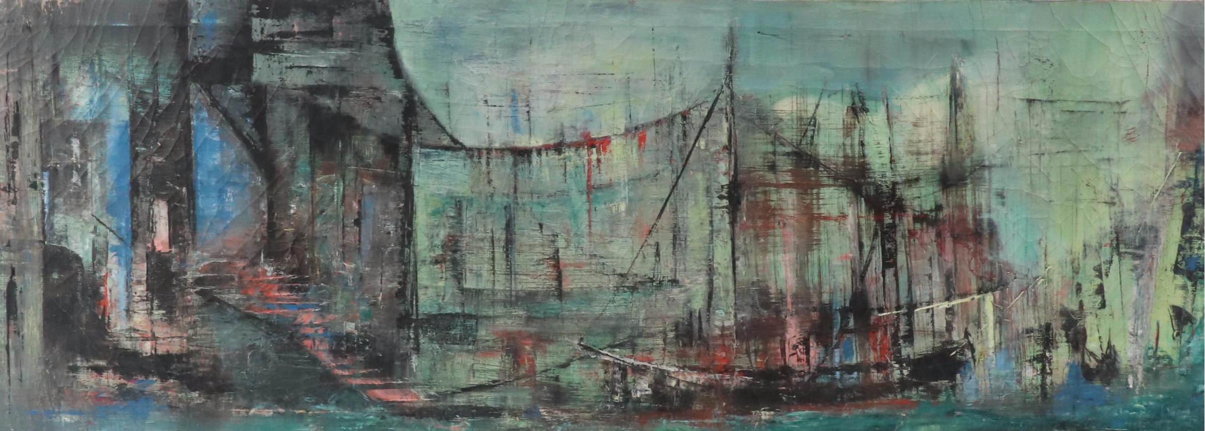 Mid Century Modern Harbor Oil Painting, Mid–Late 20th Century