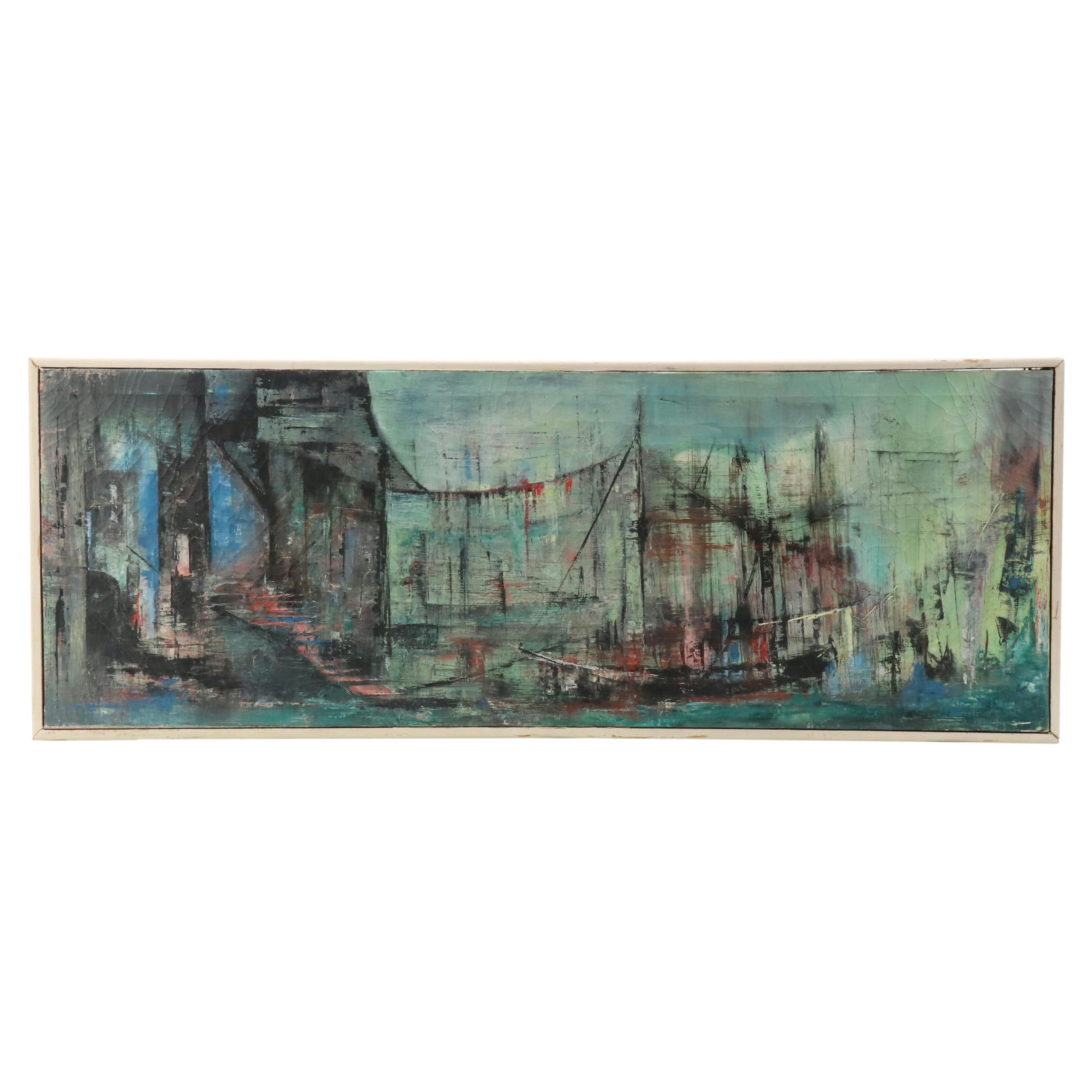 Mid Century Modern Harbor Oil Painting, Mid–Late 20th Century