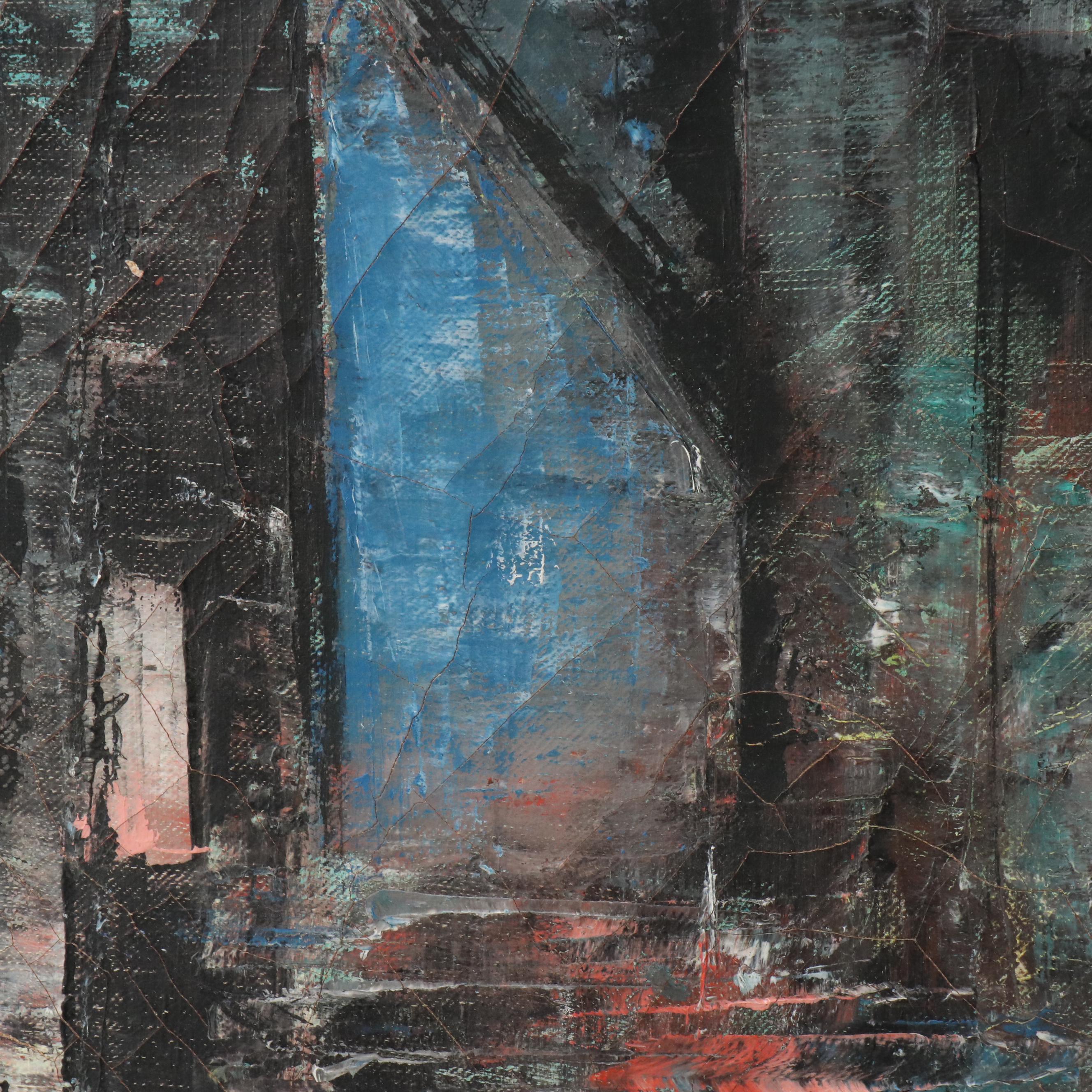 Mid Century Modern Harbor Oil Painting, Mid–Late 20th Century