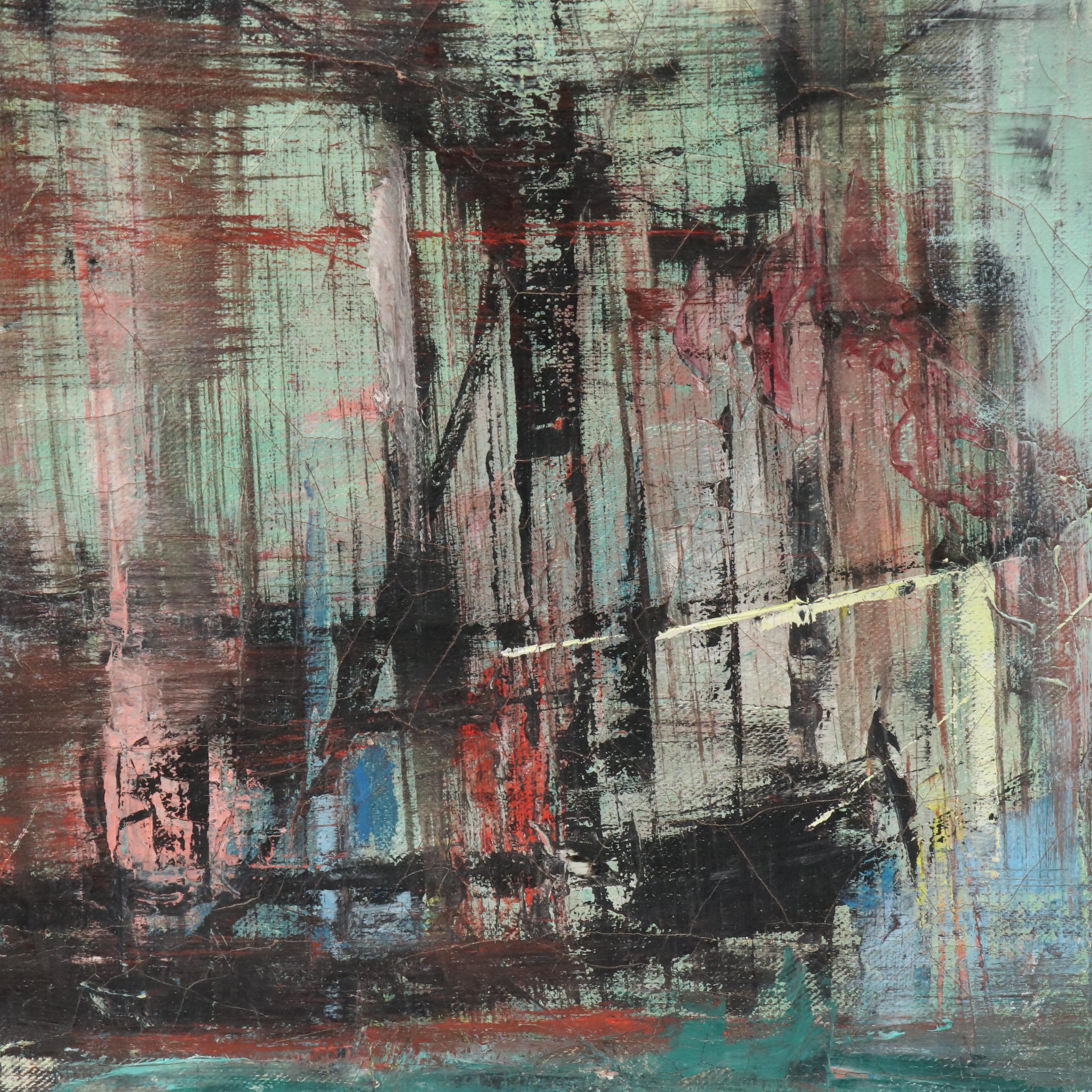 Mid Century Modern Harbor Oil Painting, Mid–Late 20th Century