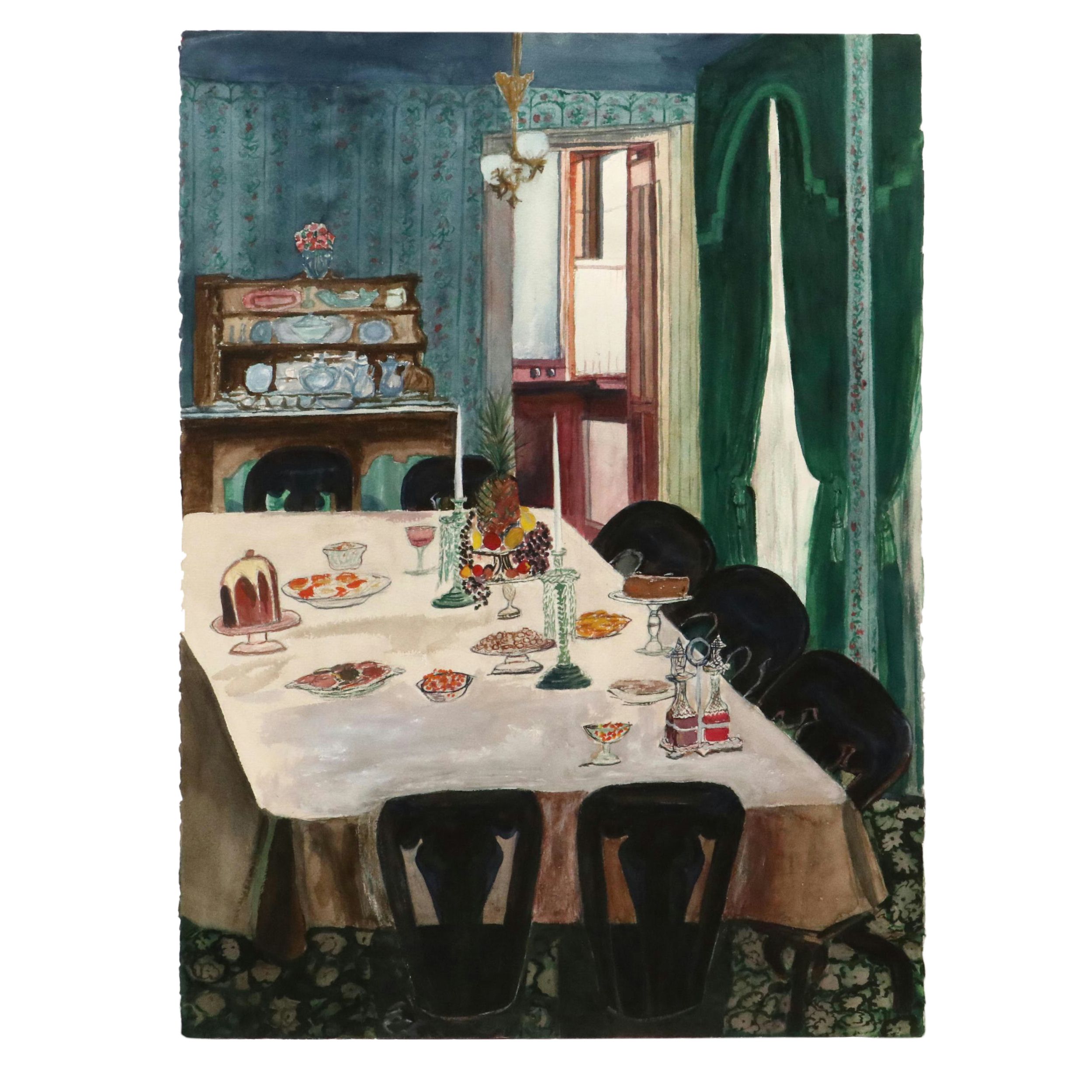 Watercolor Painting of Dining Room Interior, Late 20th Century