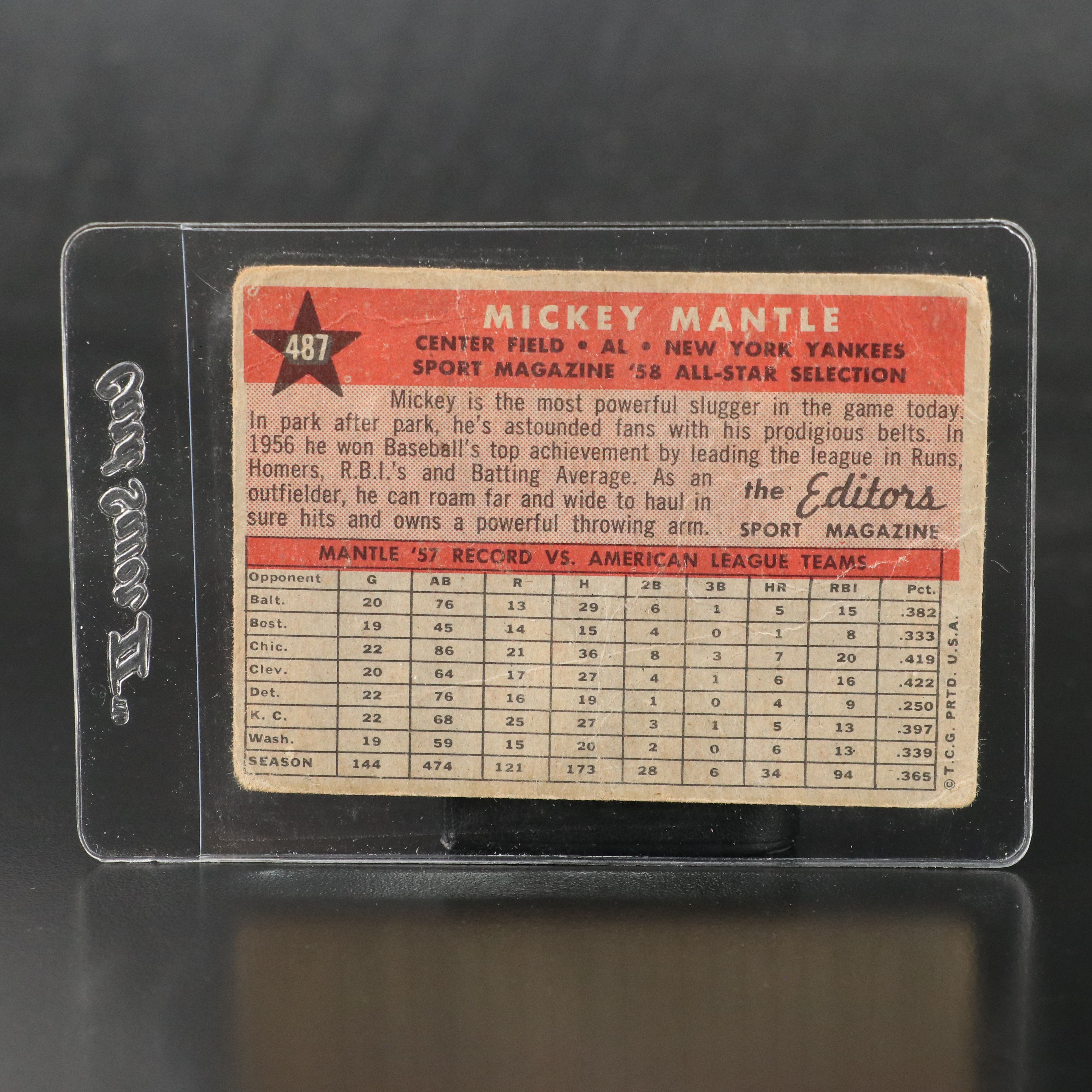 1958 Topps Mickey Mantle New York Yankees All-Star Baseball Card