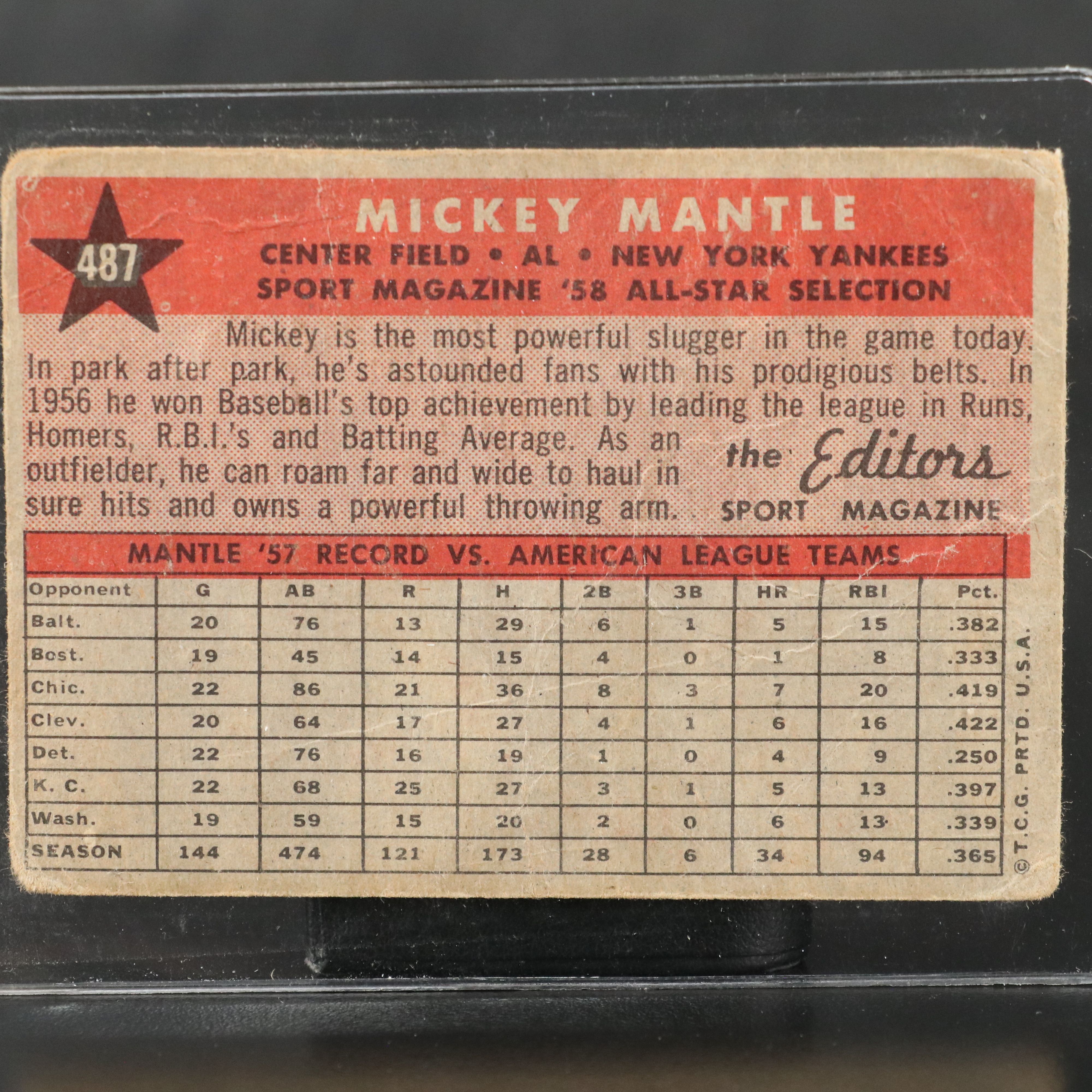 1958 Topps Mickey Mantle New York Yankees All-Star Baseball Card