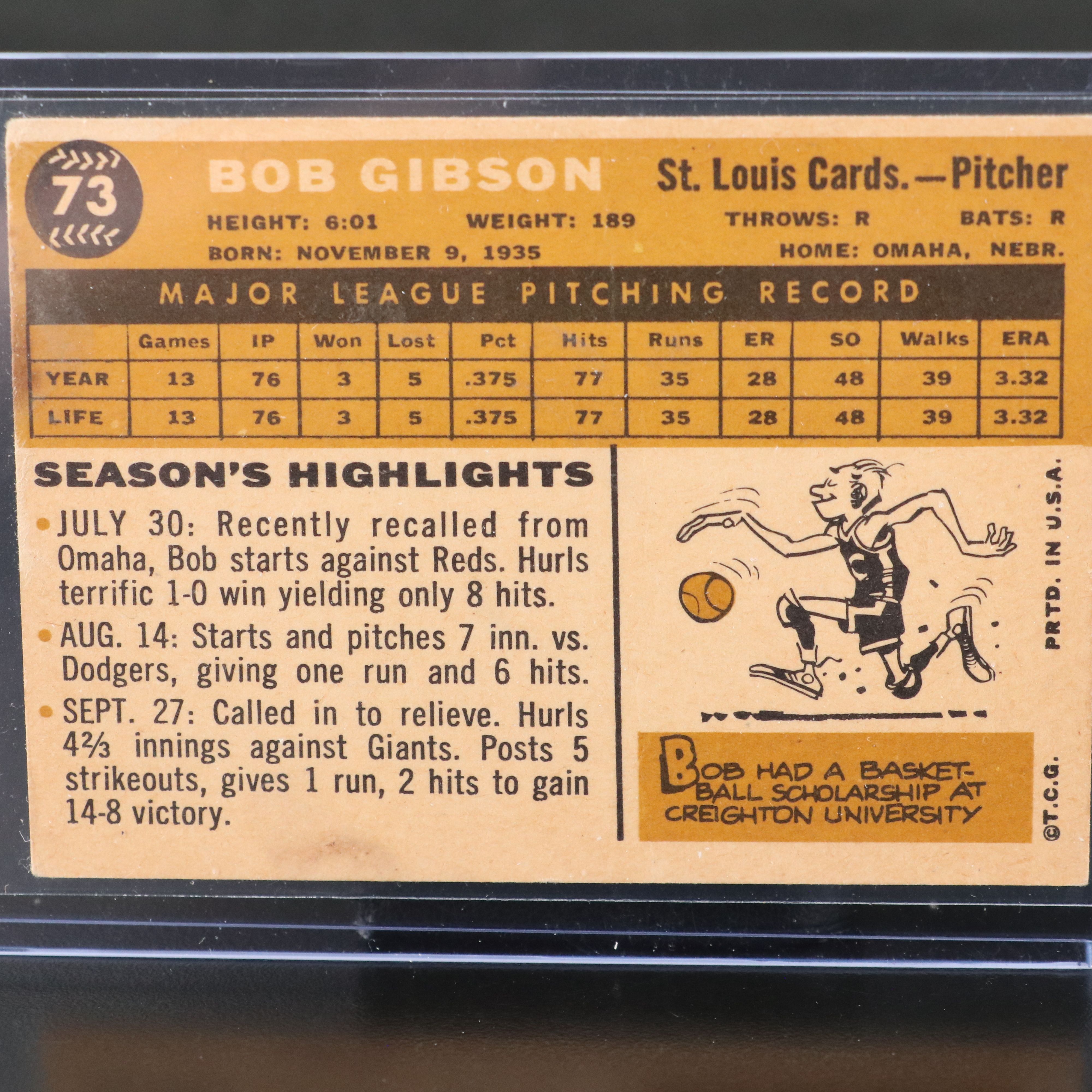 1960 Topps Bob Gibson St. Louis Cardinals Baseball Card