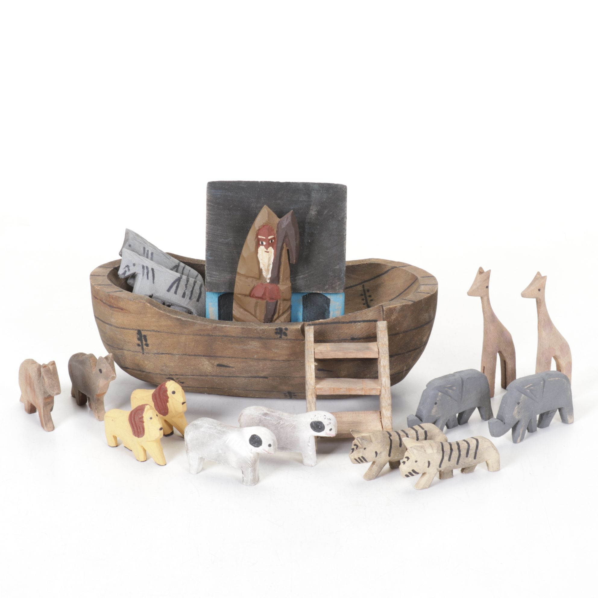 Midwest Creations Carved and Painted Wood Noah's Ark with Animal Figurines