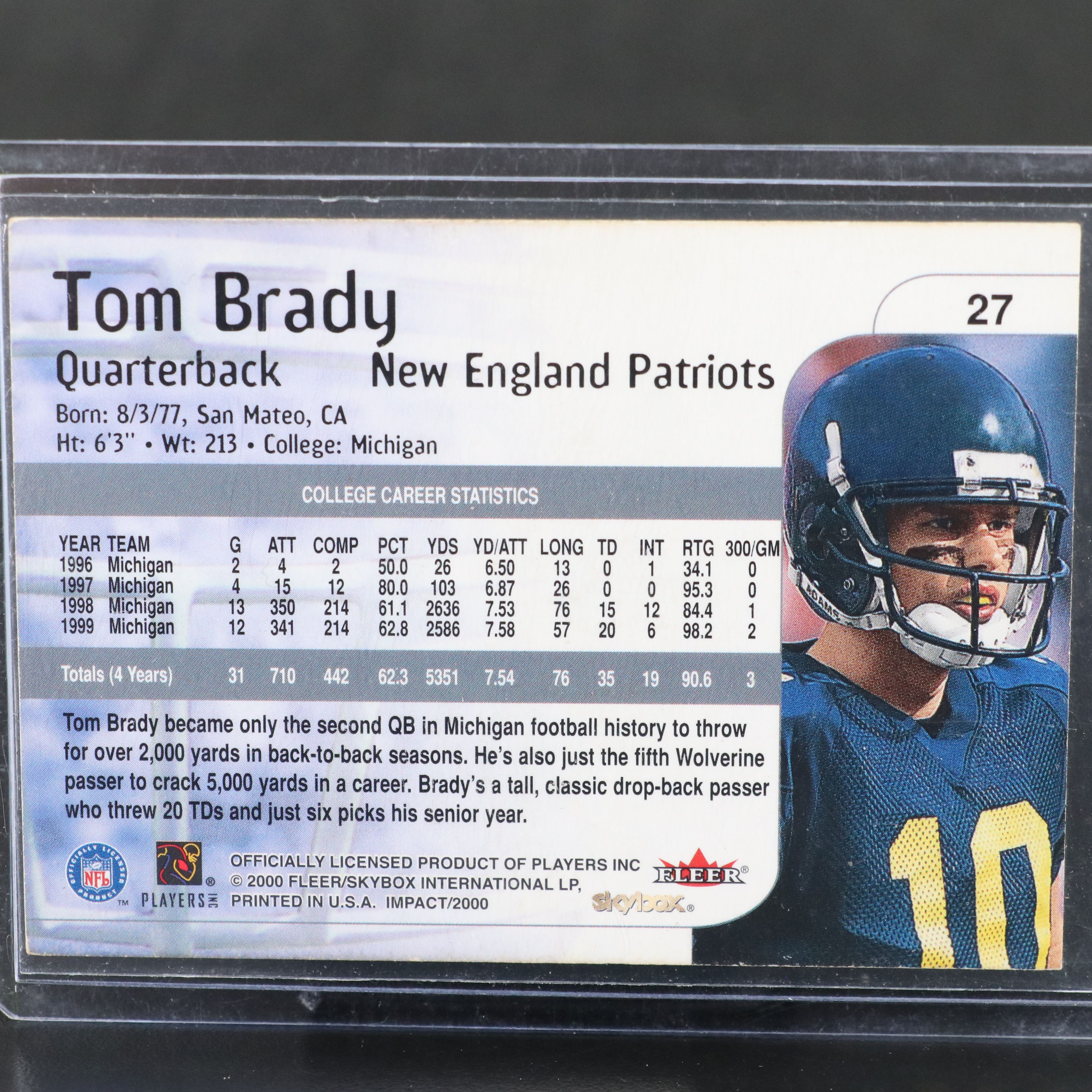 2000 Skybox Impact Tom Brady New England Patriots Rookie Football Card