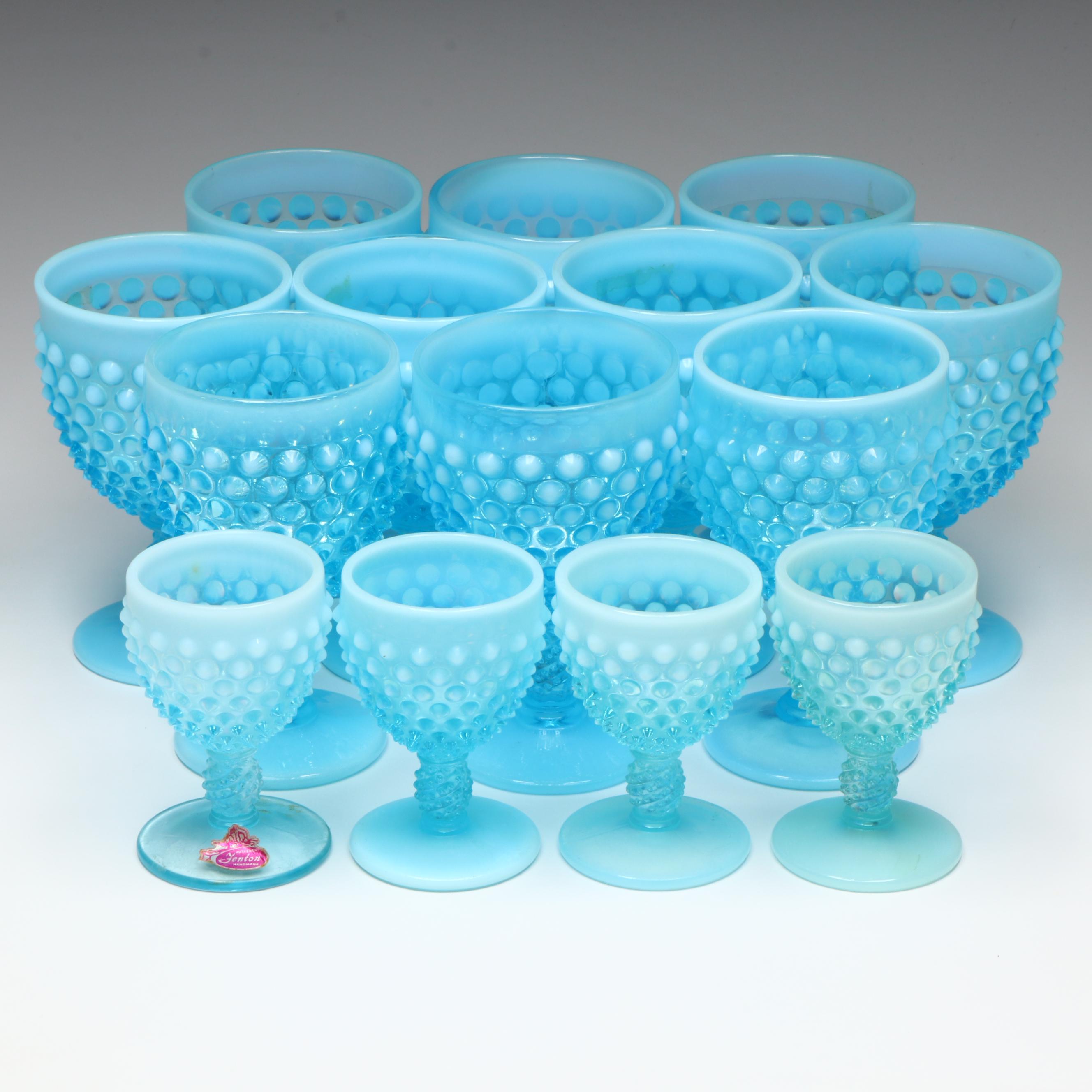 Fenton Hobnail Opalescent Blue Wine and Cordial Glasses, Mid-20th Century
