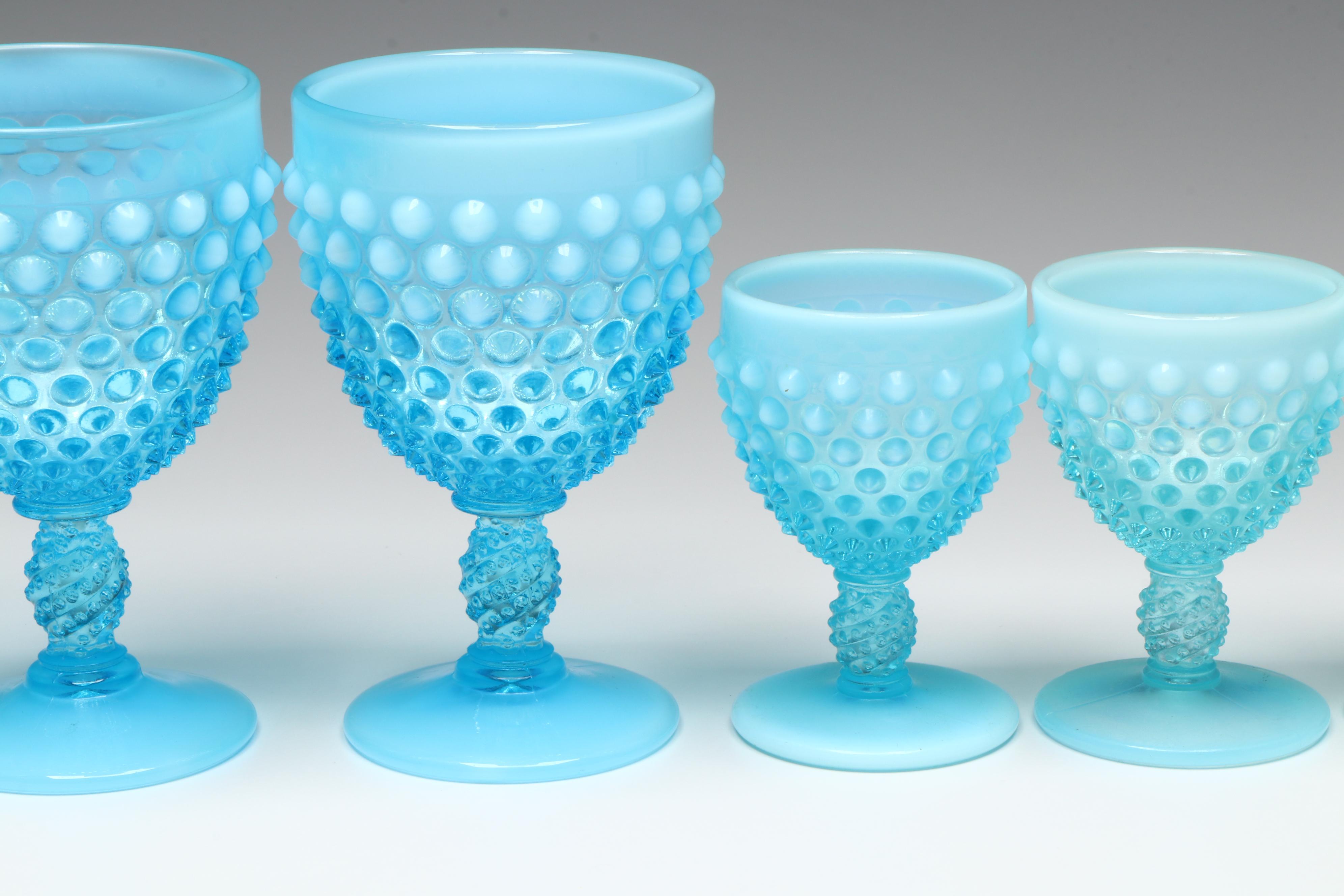Fenton Hobnail Opalescent Blue Wine and Cordial Glasses, Mid-20th Century