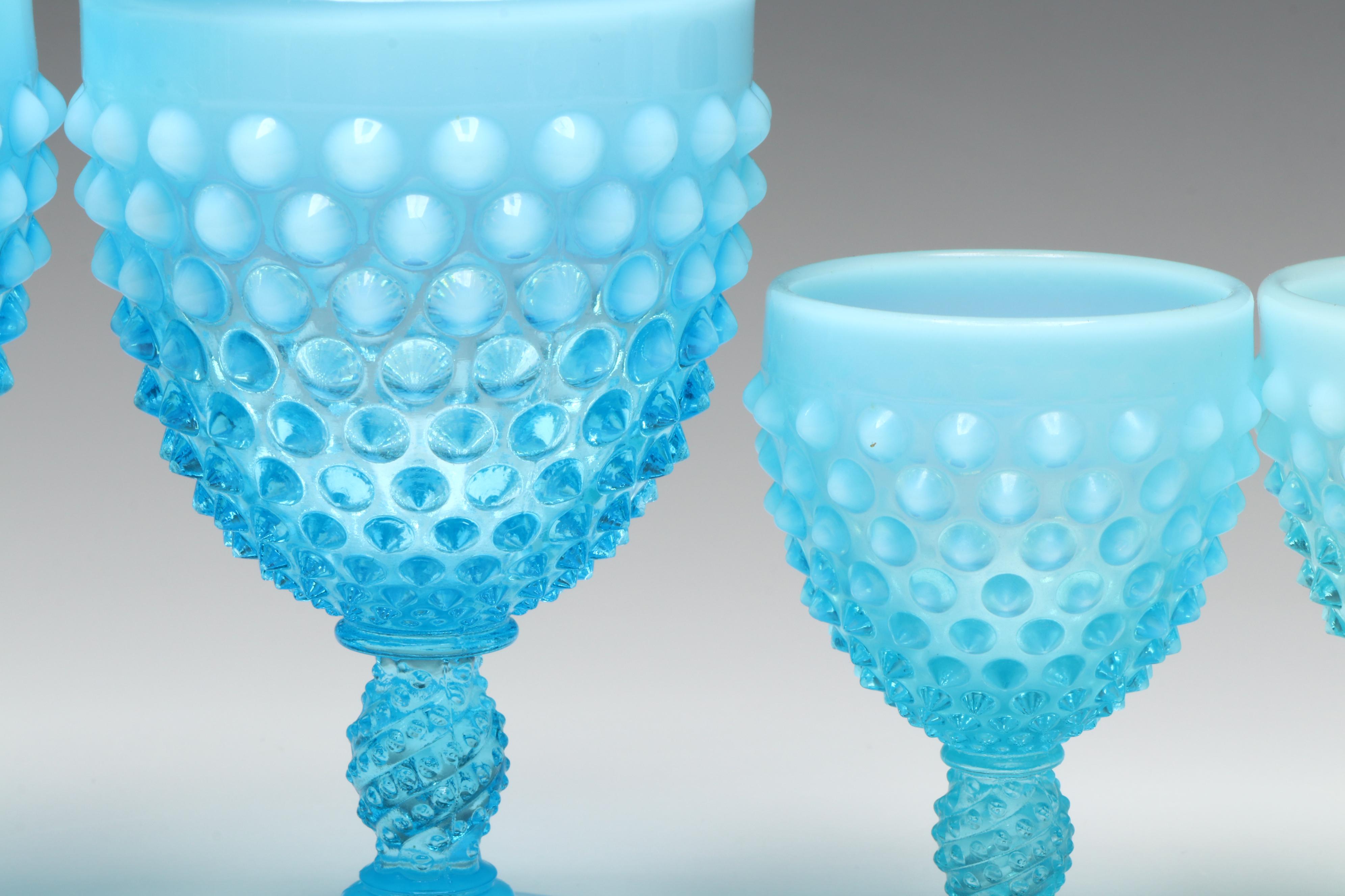 Fenton Hobnail Opalescent Blue Wine and Cordial Glasses, Mid-20th Century