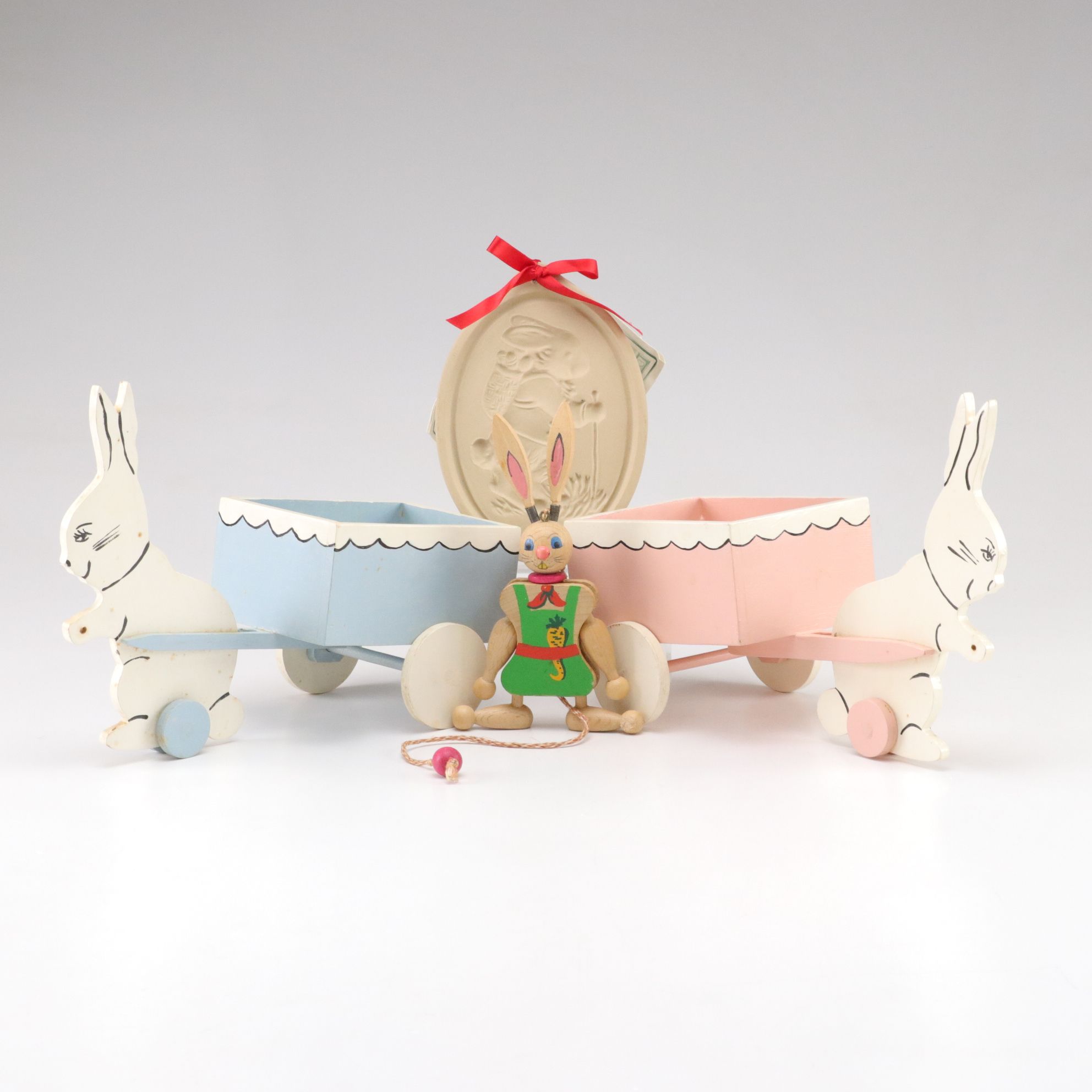 Wooden Jumping Jack Pull String "Easter Bunny" with Cookie Mold and Other Decor