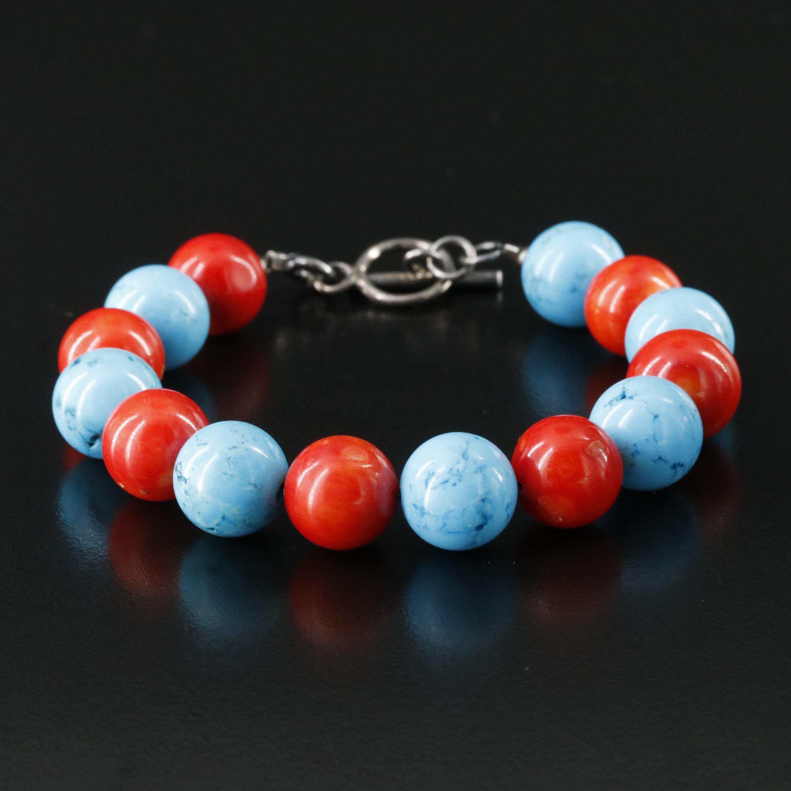 Magnesite and Coral Bead Bracelet with Sterling Clasp