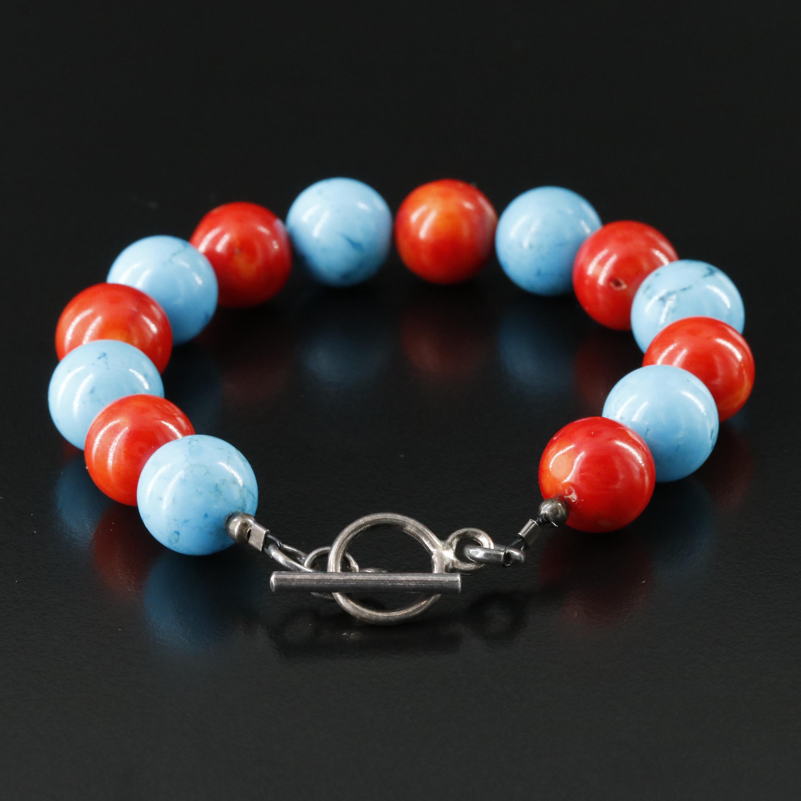 Magnesite and Coral Bead Bracelet with Sterling Clasp