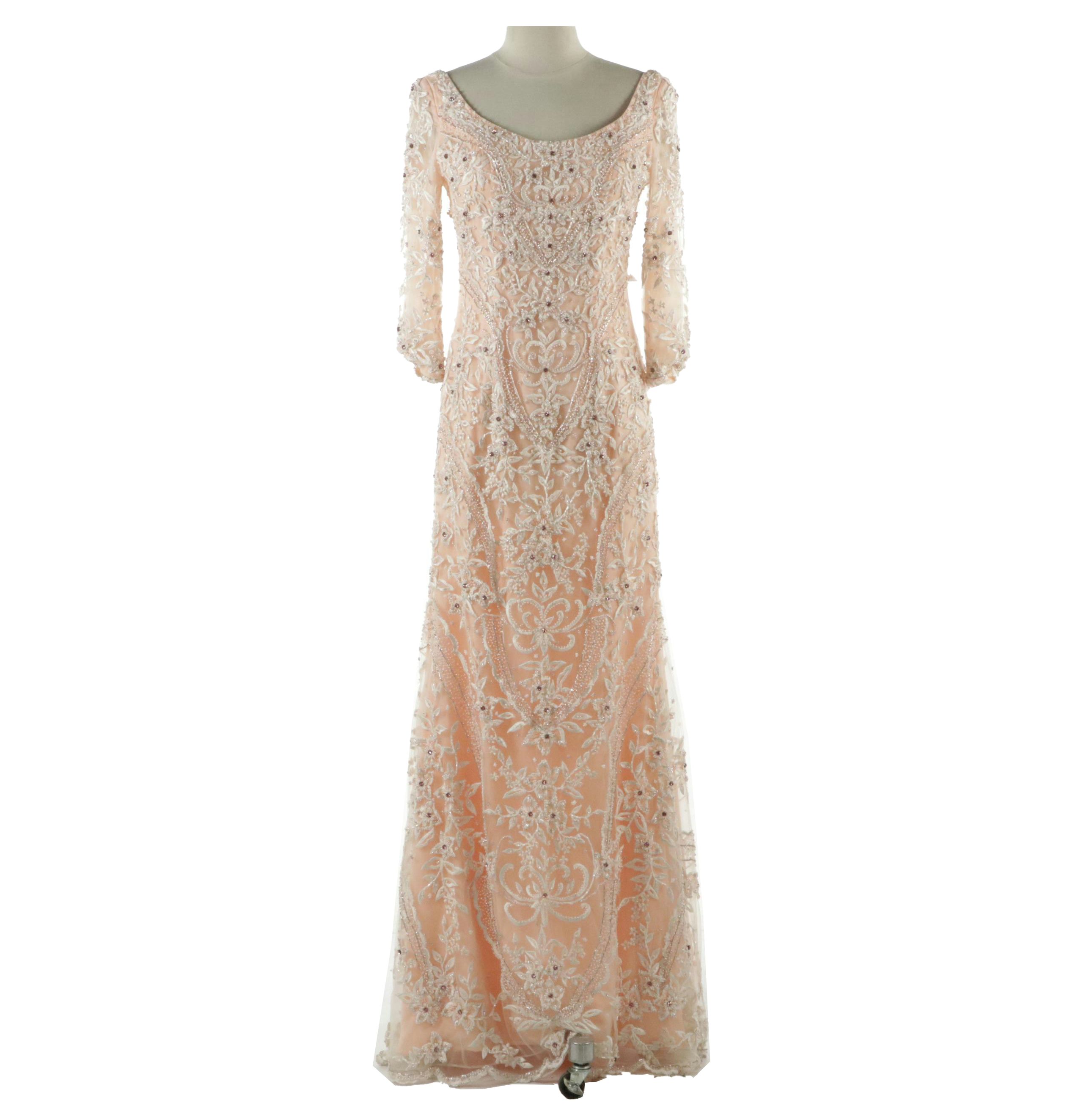 Stephen Yearick Ivory Peach Heavy Embellished Gown, With Tag