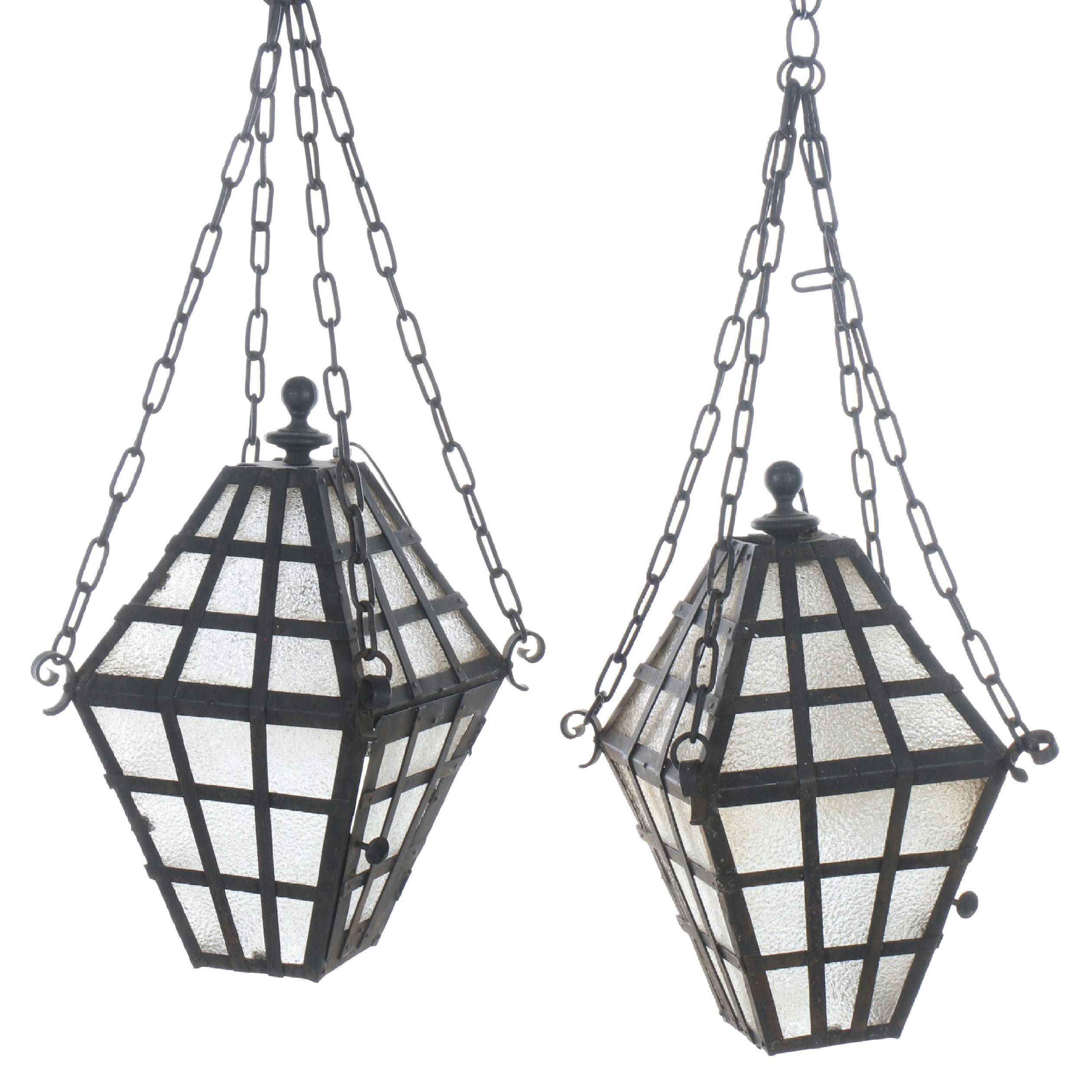 Gothic Revival Style Wrought Iron and Glass Outdoor Pendant Lanterns