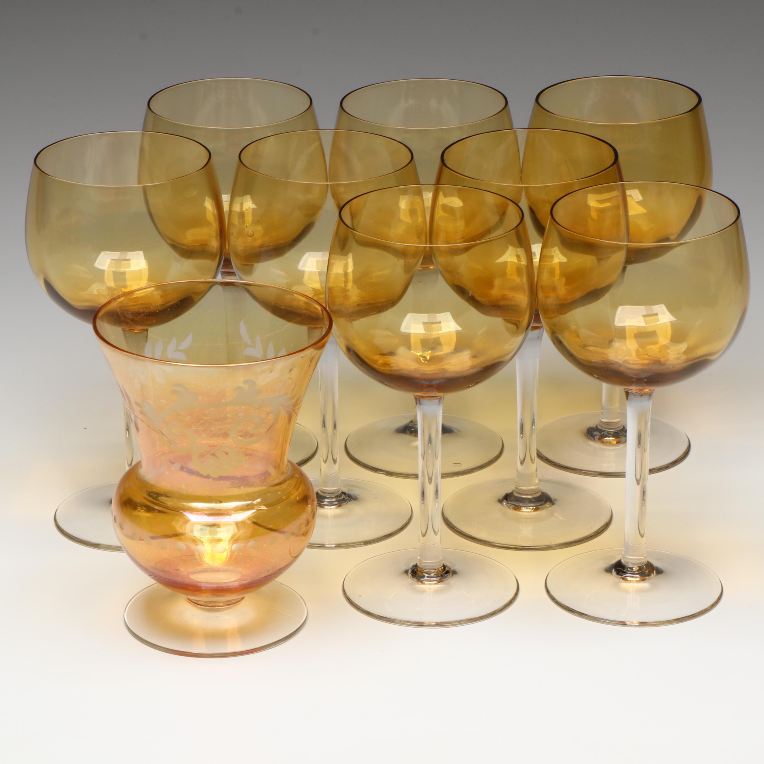 Amber and Clear Stem Wine Glasses with Bohemian Cut Glass Vase