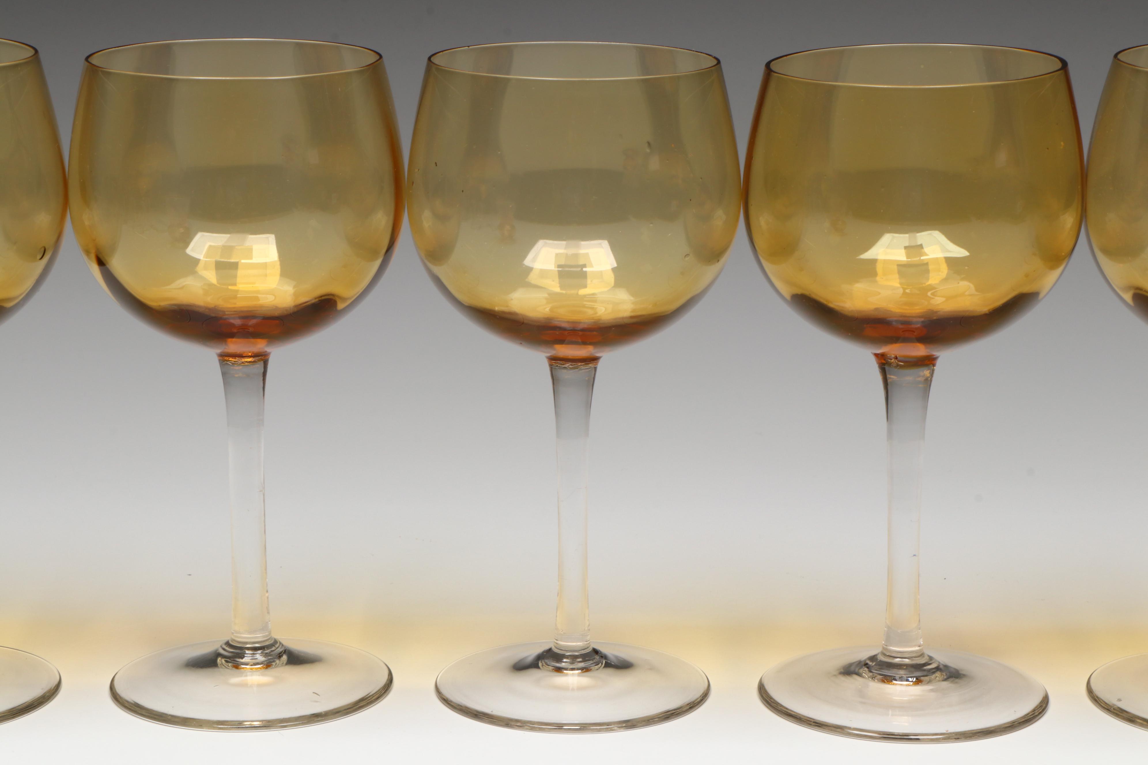 Amber and Clear Stem Wine Glasses with Bohemian Cut Glass Vase