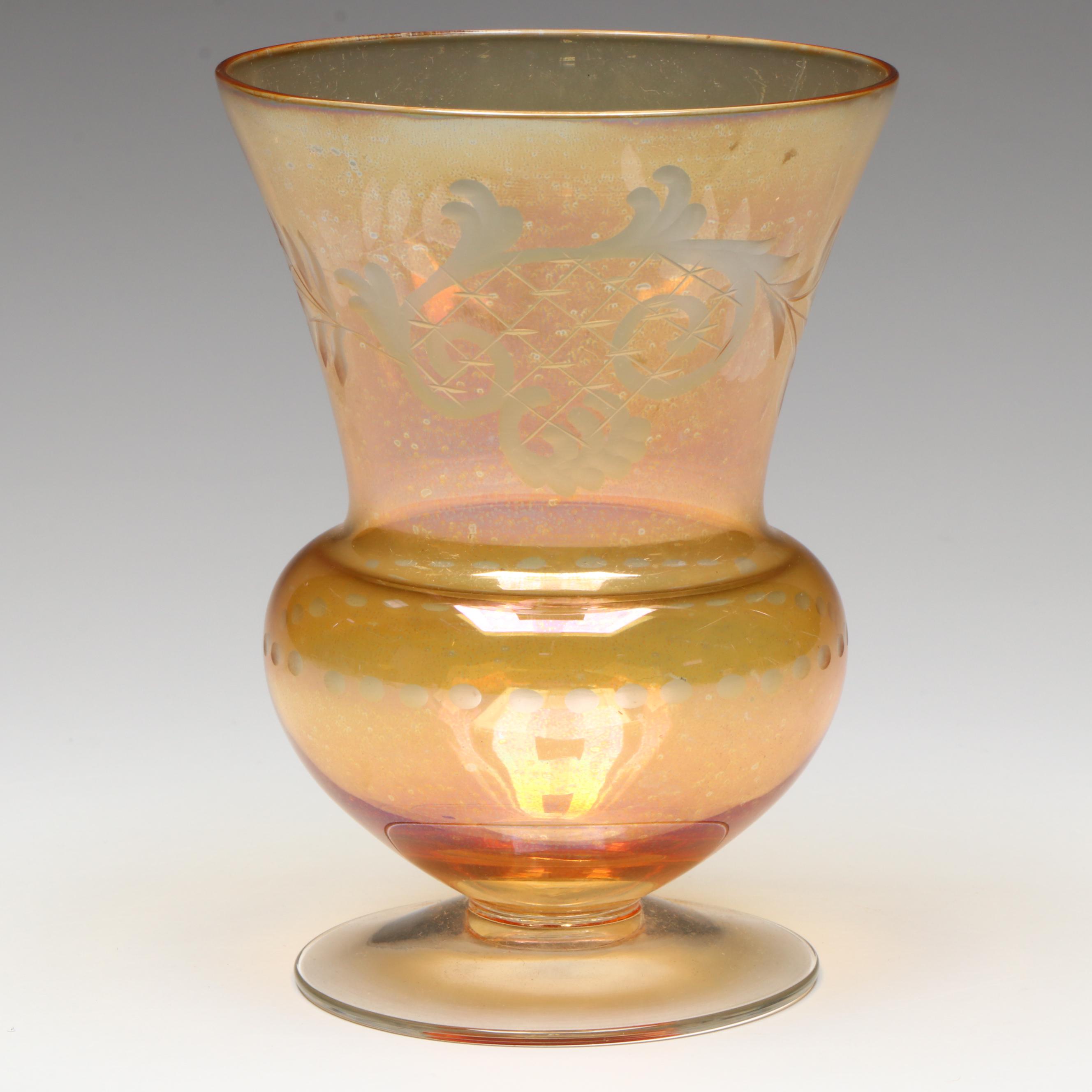 Amber and Clear Stem Wine Glasses with Bohemian Cut Glass Vase