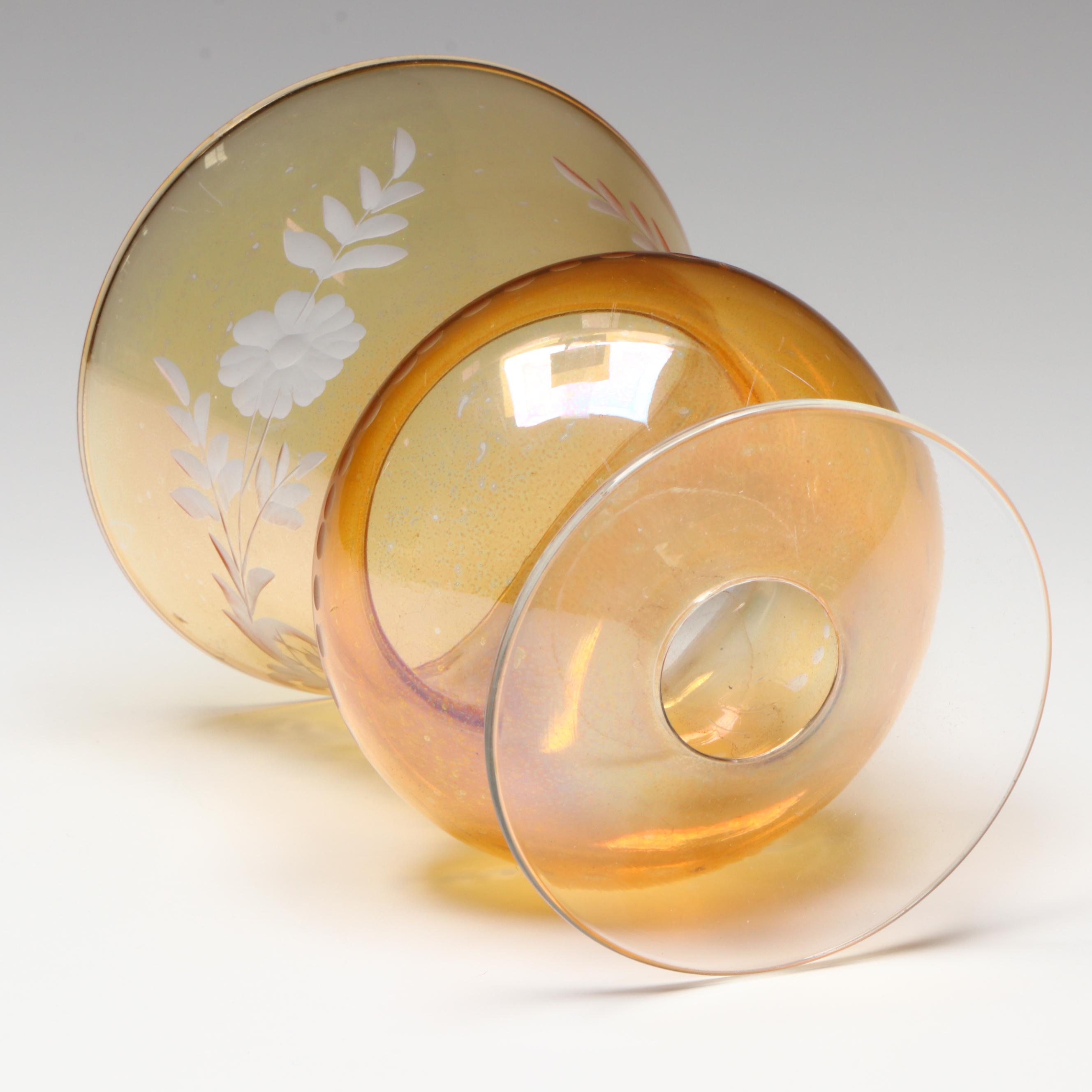 Amber and Clear Stem Wine Glasses with Bohemian Cut Glass Vase