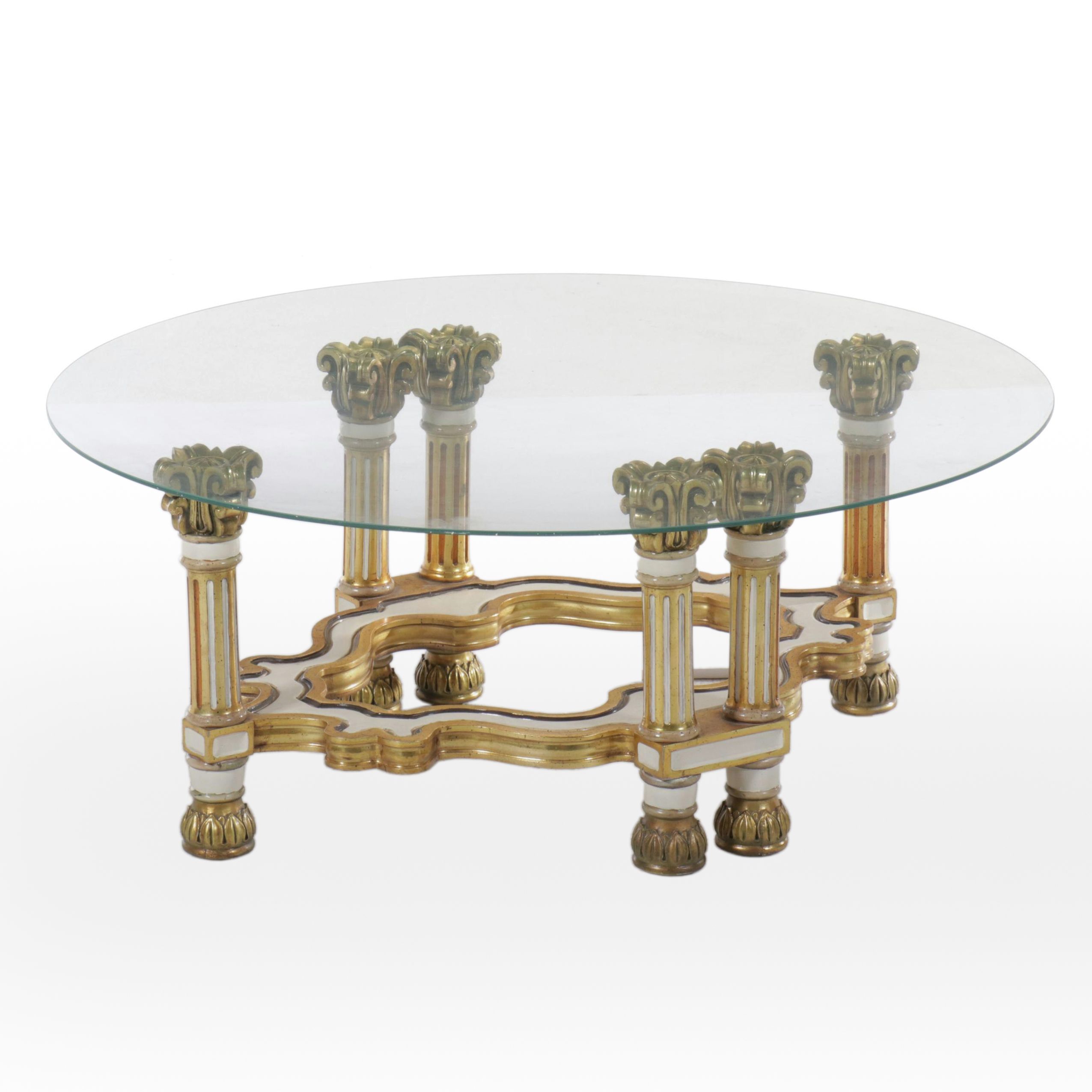 Hollywood Regency Glass Top Parcel Gilt Coffee Table, Mid to Late 20th Century