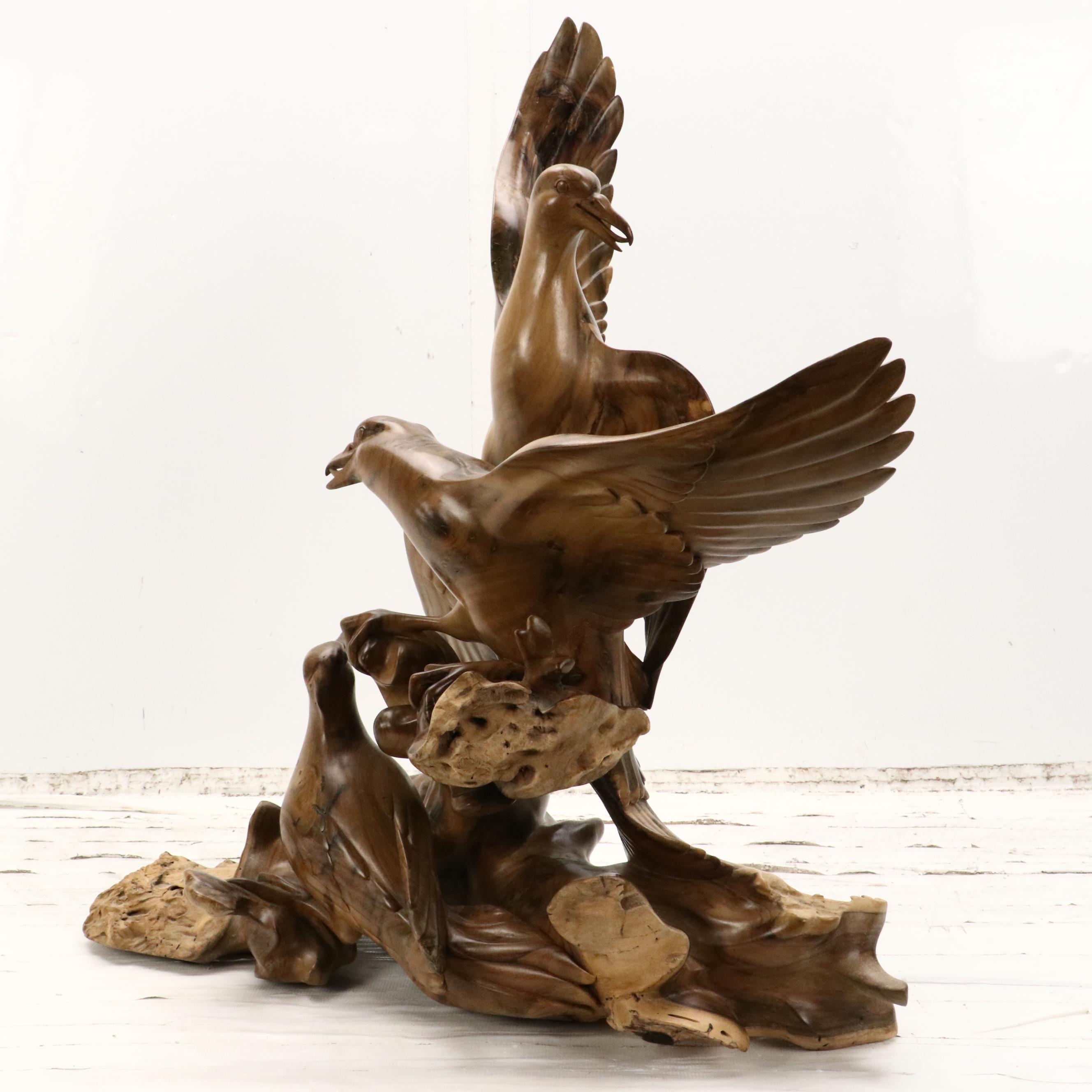 Hand-Carved Hibiscus Wood Sculpture of Seagulls