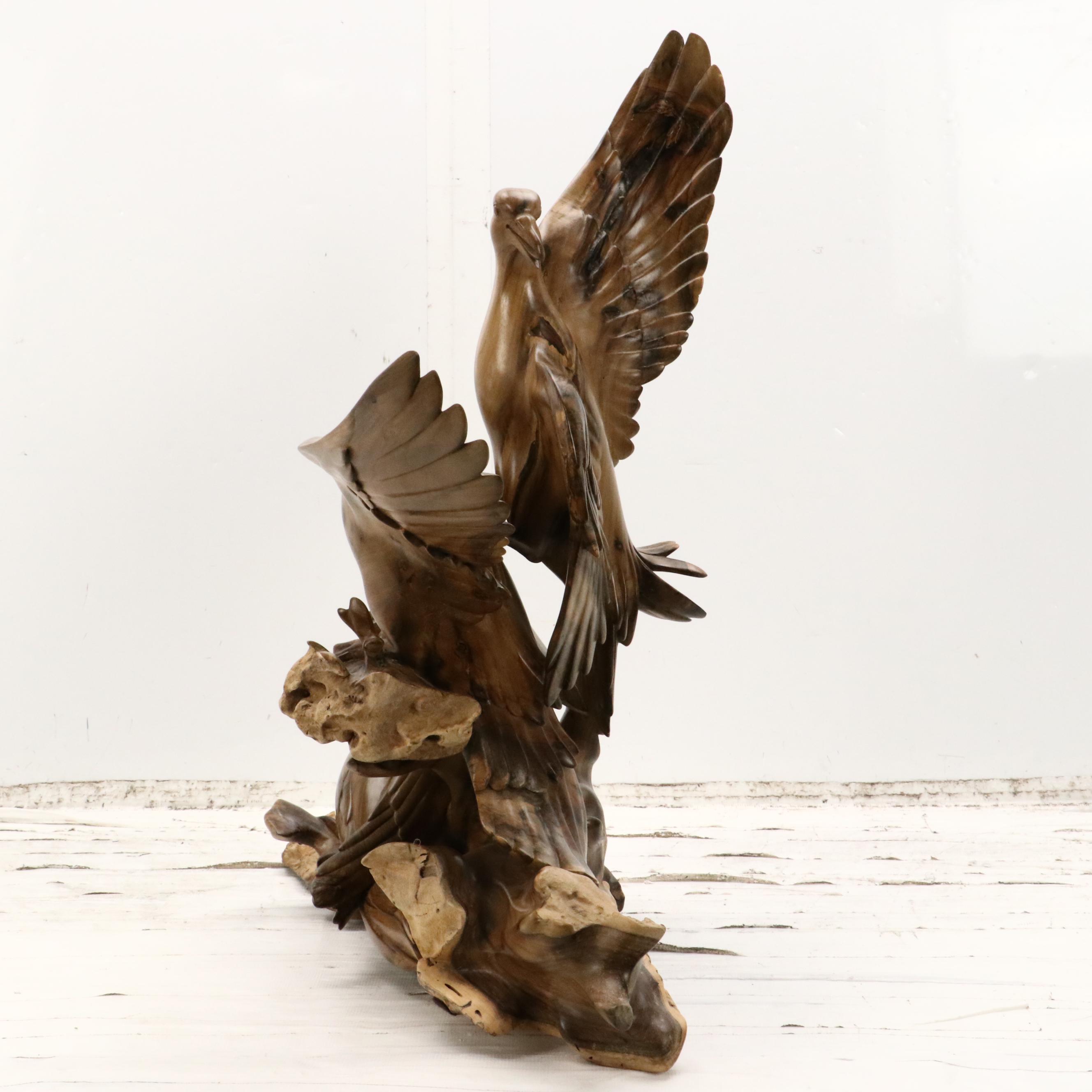 Hand-Carved Hibiscus Wood Sculpture of Seagulls