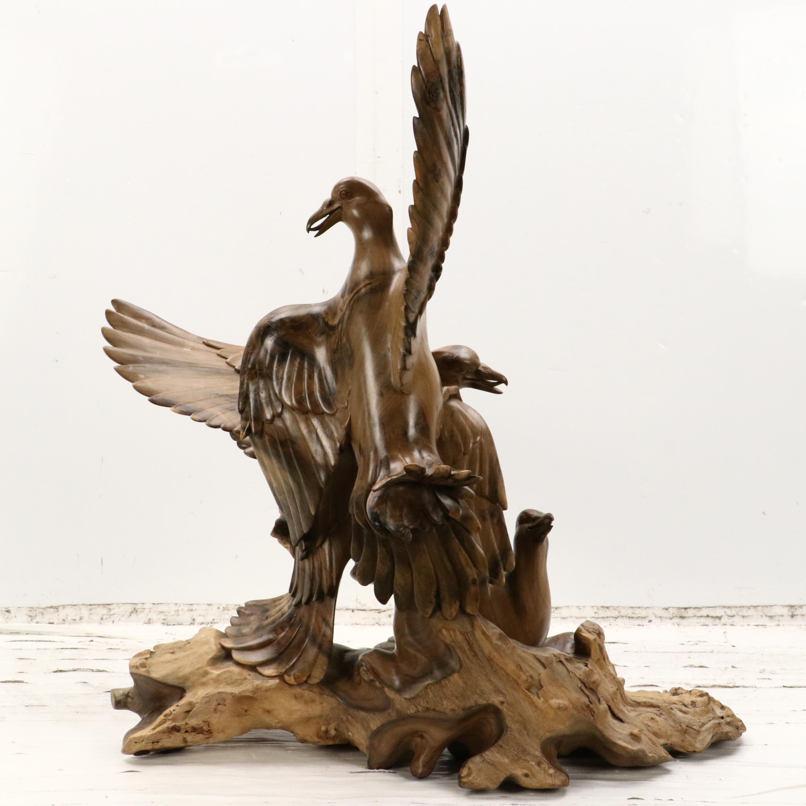 Hand-Carved Hibiscus Wood Sculpture of Seagulls