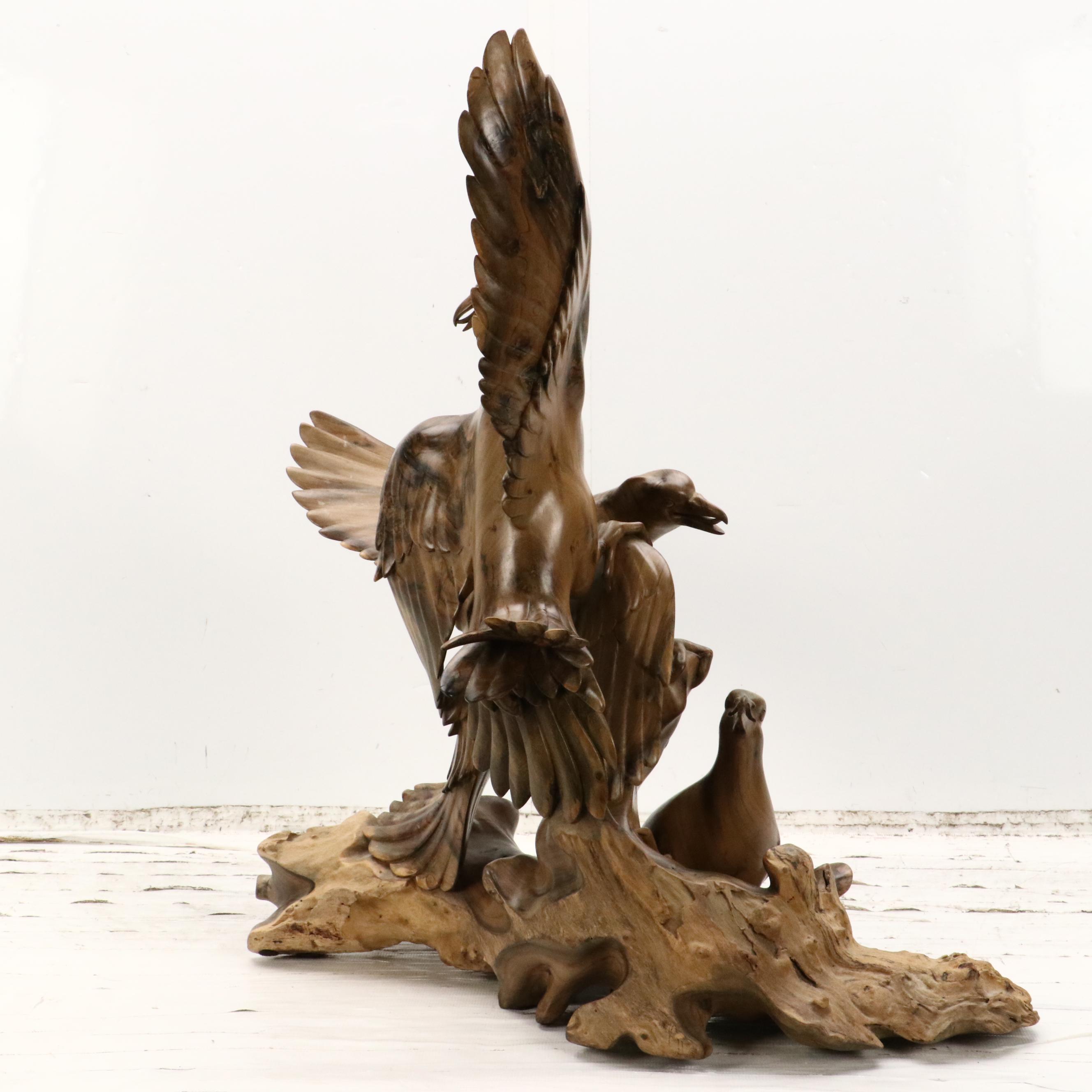 Hand-Carved Hibiscus Wood Sculpture of Seagulls