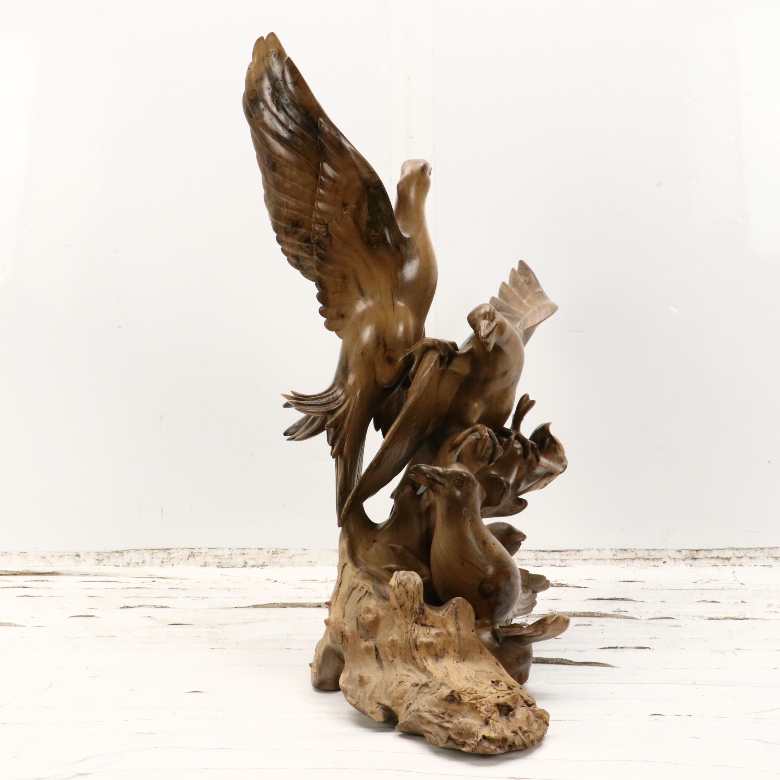 Hand-Carved Hibiscus Wood Sculpture of Seagulls