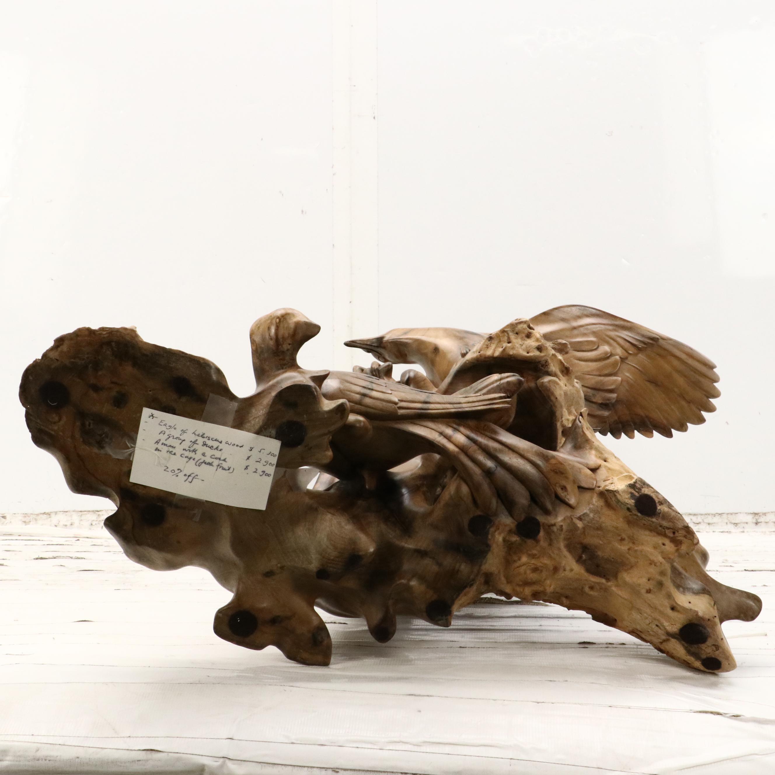 Hand-Carved Hibiscus Wood Sculpture of Seagulls