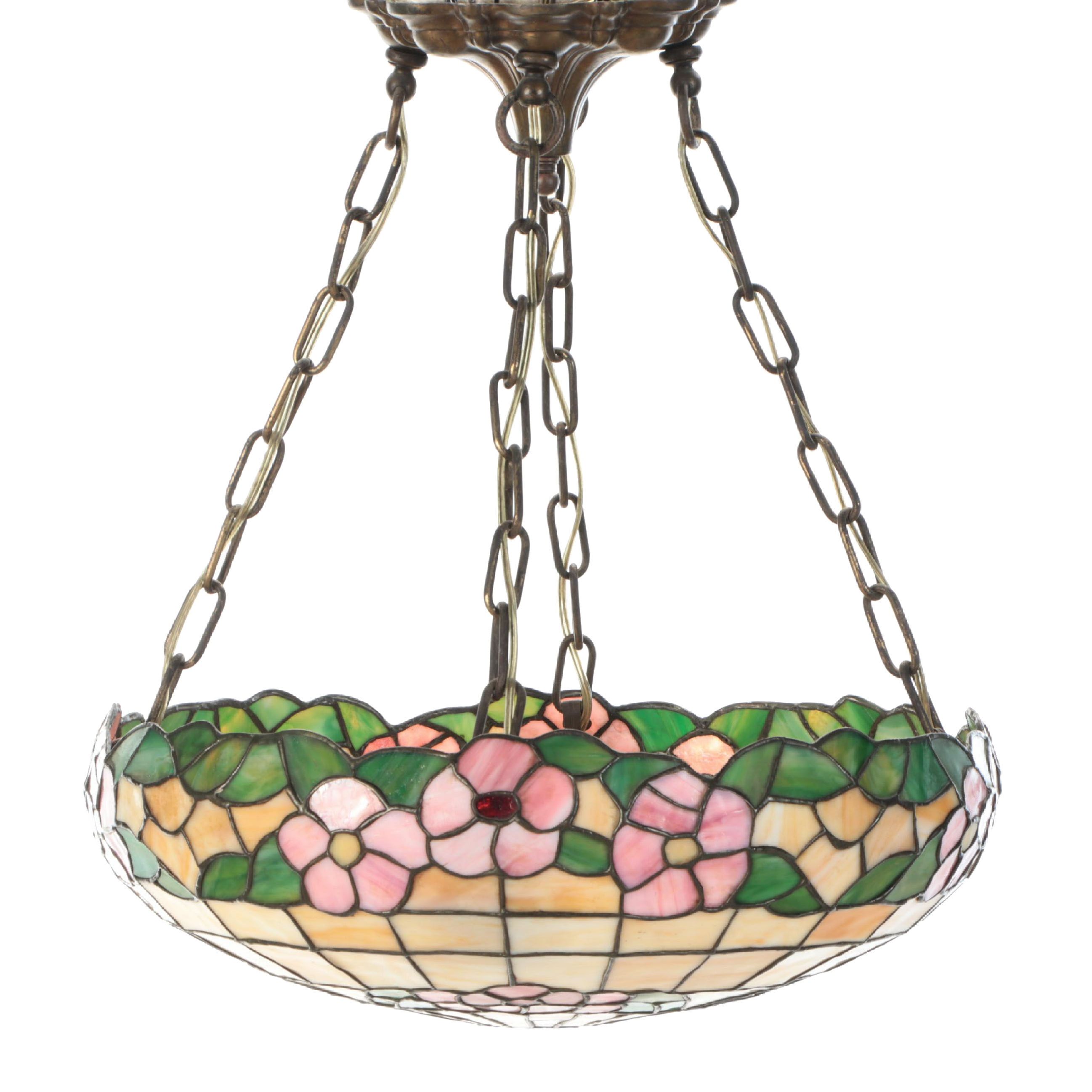 Art Nouveau Style Pink Floral Slag Glass Plaffonier Pendant