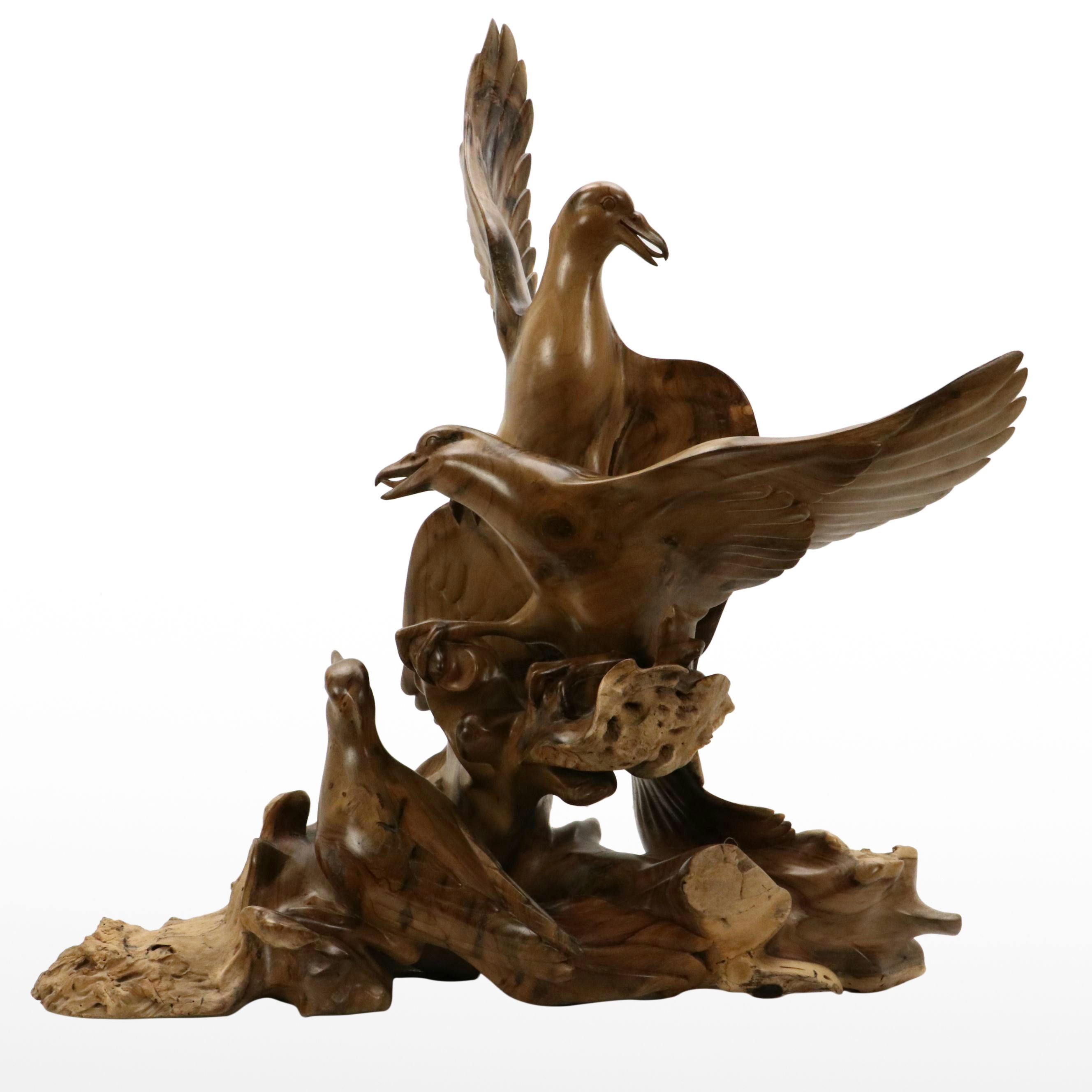 Hand-Carved Hibiscus Wood Sculpture of Seagulls