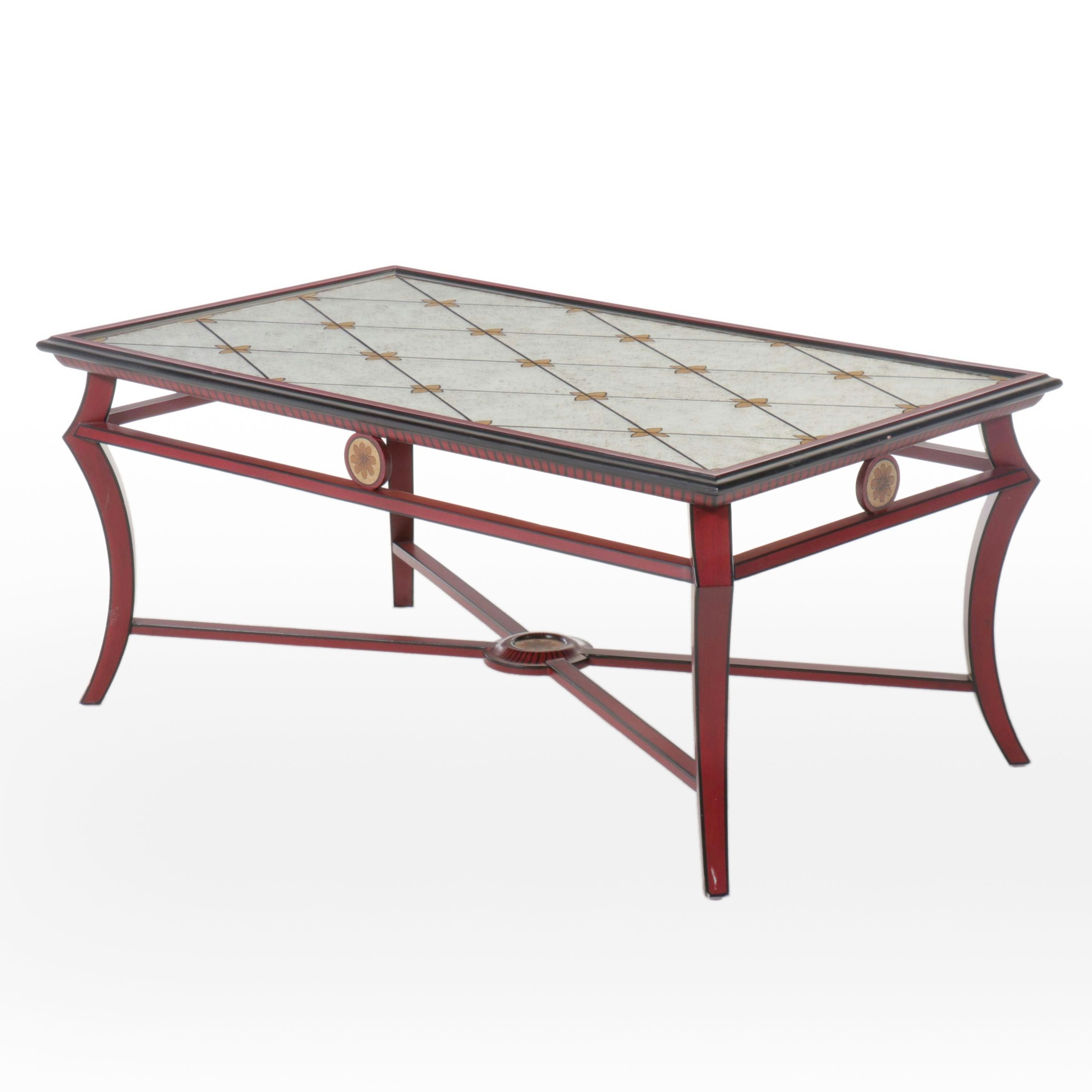 Neoclassical Style Red-Painted Cocktail Table with Verre Eglomise Top