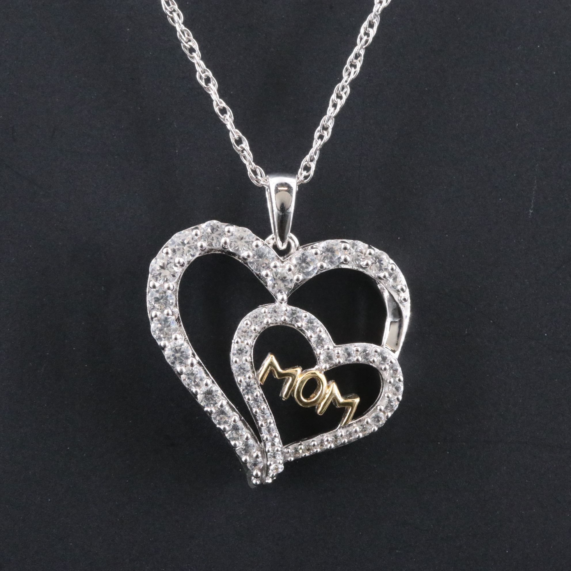 Sterling White Sapphire MOM Heart Pendant Necklace with 10K Accent
