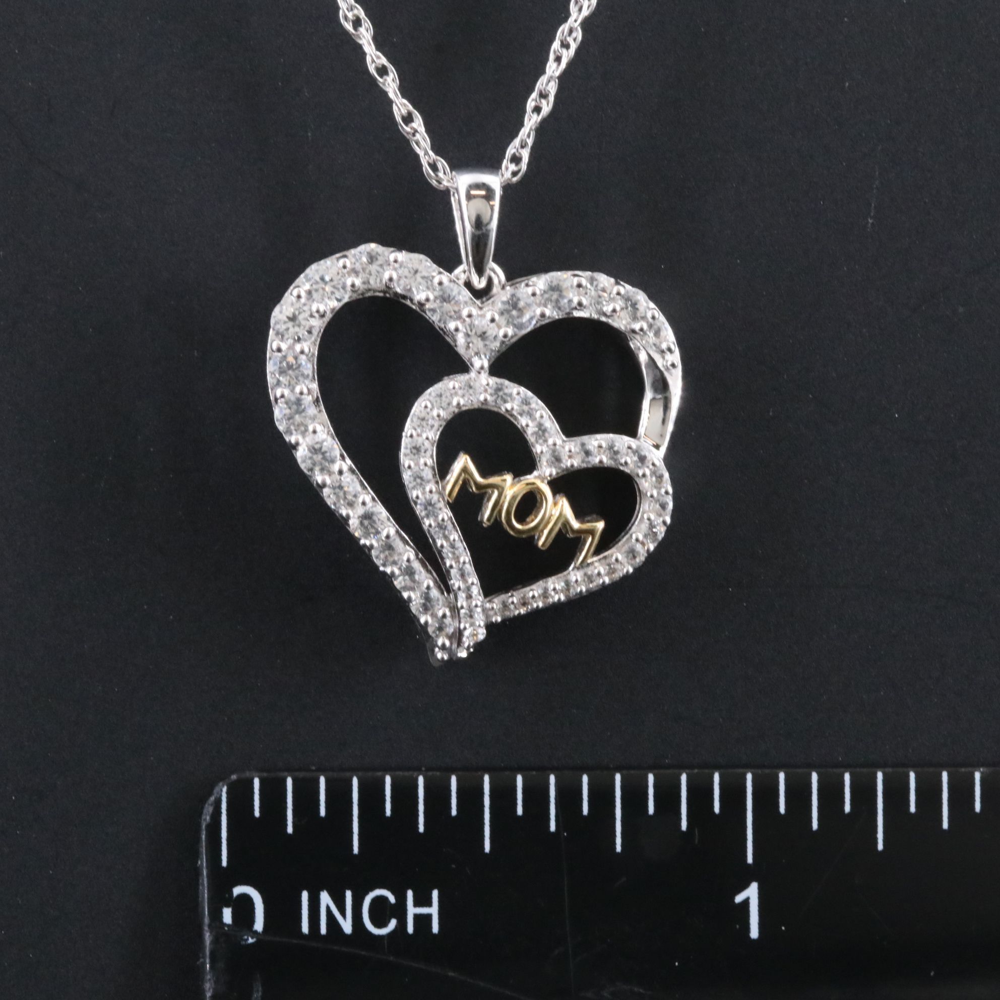 Sterling White Sapphire MOM Heart Pendant Necklace with 10K Accent